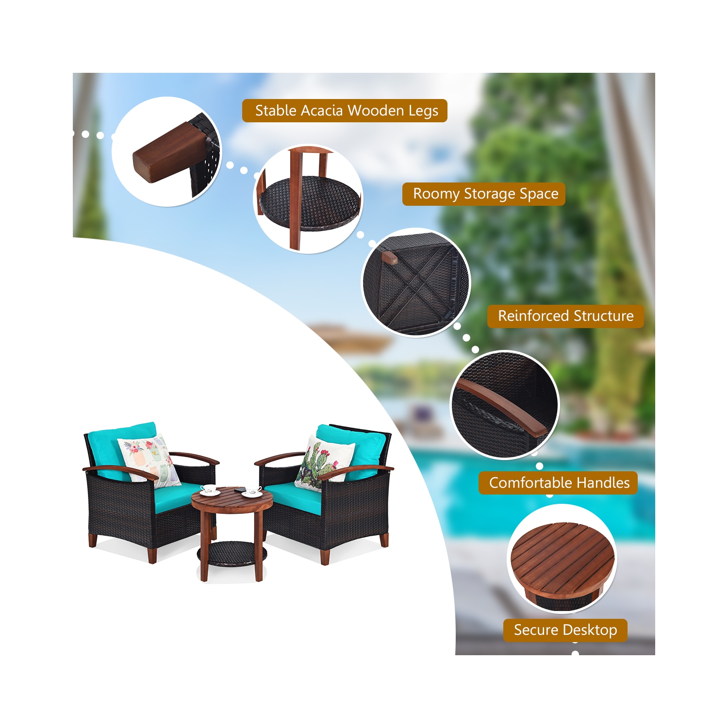 Topbuy 3-Piece Patio Rattan Bistro Set Acacia Wood Frame Sofa and Side Table Beige/Blue/Red