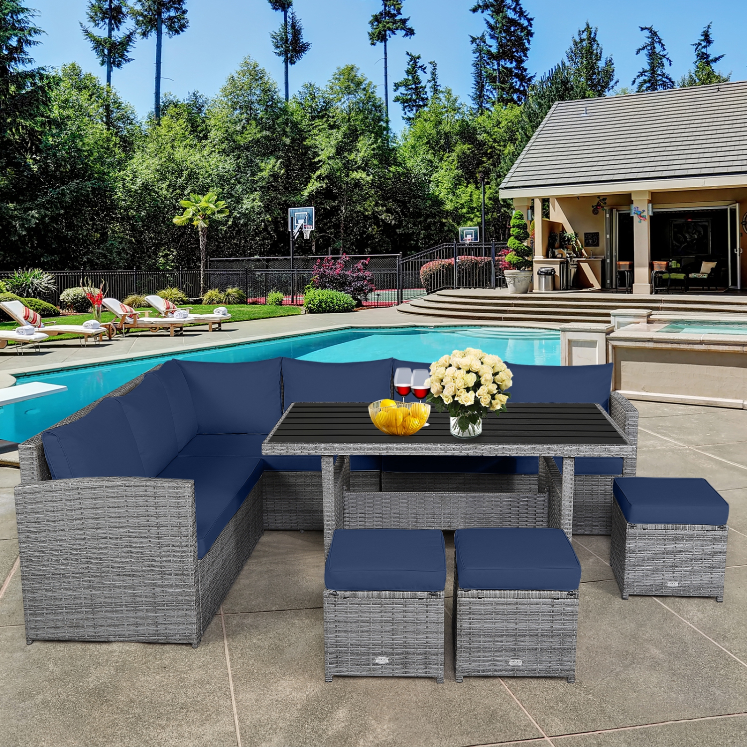 Topbuy 7-Piece Wicker Patio Furniture Set Outdoor Rattan Sofa Set Conversation Couch Set Red/Turquoise/White/Black