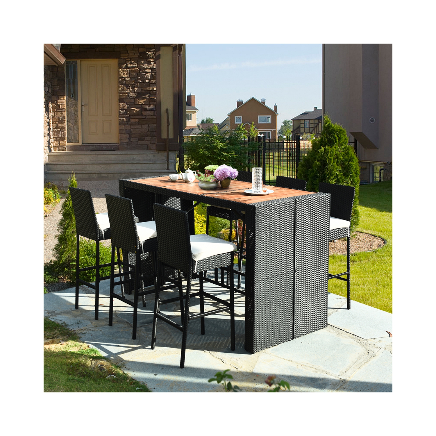 Topbuy 7 Pieces Outdoor Rattan Wicker Dining Table Set with Cushions