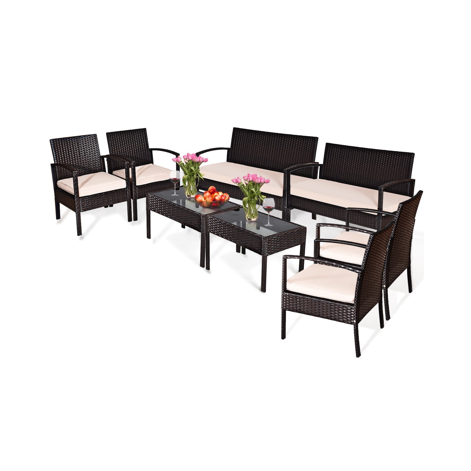 Topbuy 8PCS Conversation Wicker Set Patio Rattan Table&Cushioned Chair