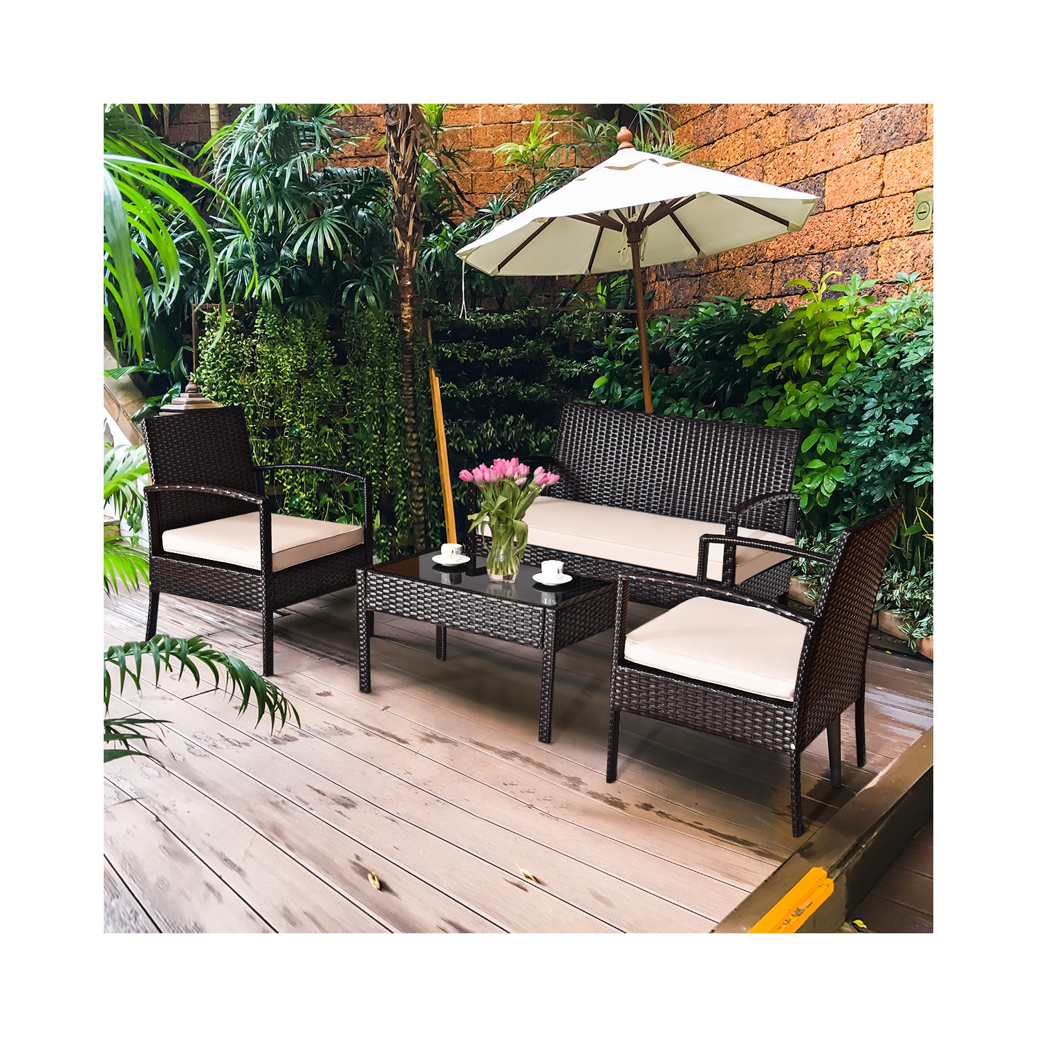 Topbuy 8PCS Conversation Wicker Set Patio Rattan Table&Cushioned Chair