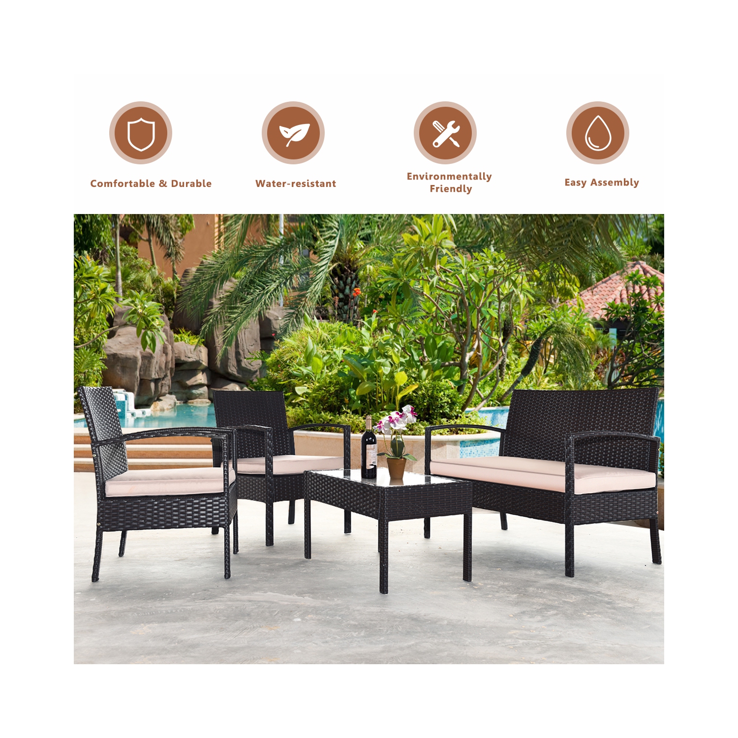 Topbuy 8PCS Conversation Wicker Set Patio Rattan Table&Cushioned Chair