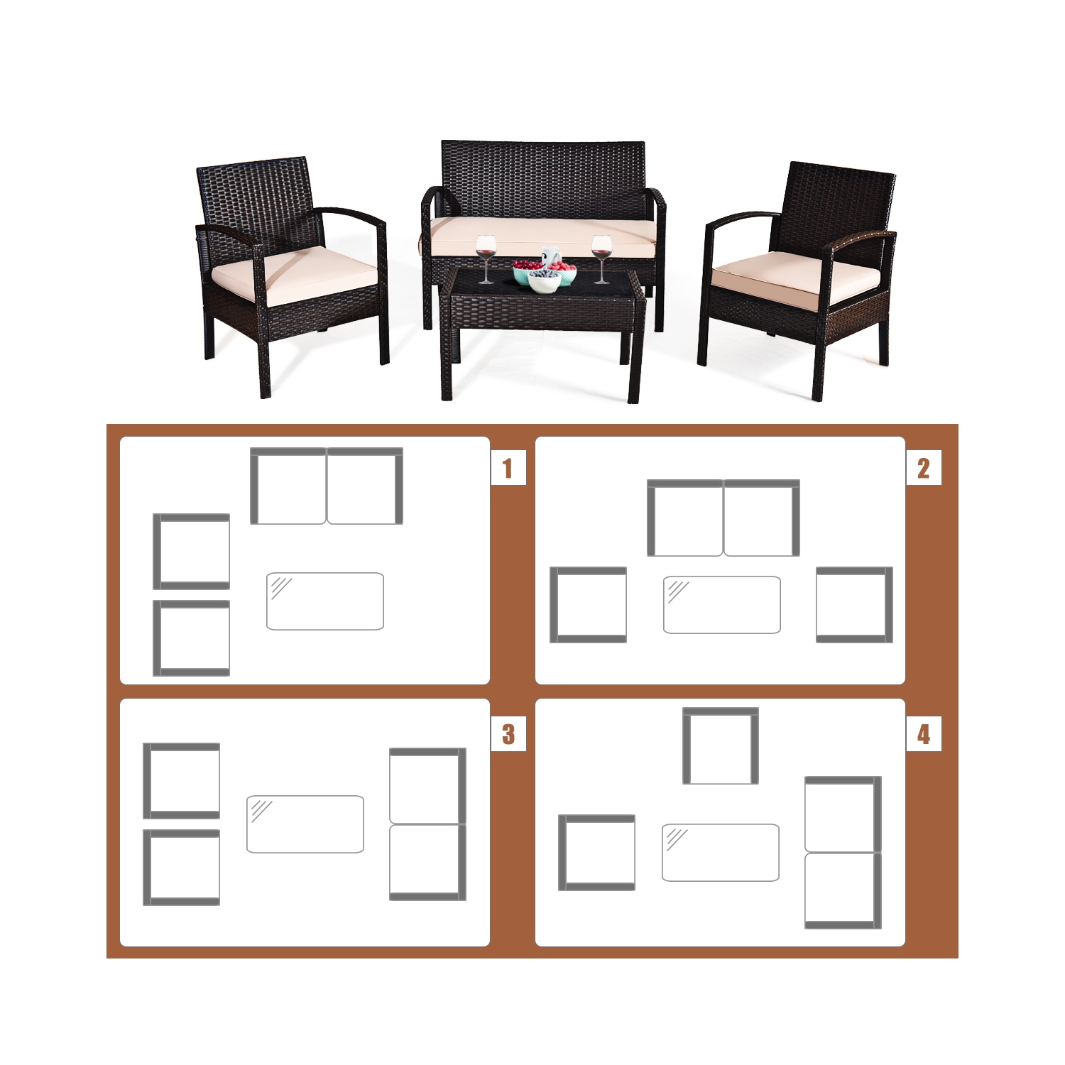 Topbuy 8PCS Conversation Wicker Set Patio Rattan Table&Cushioned Chair