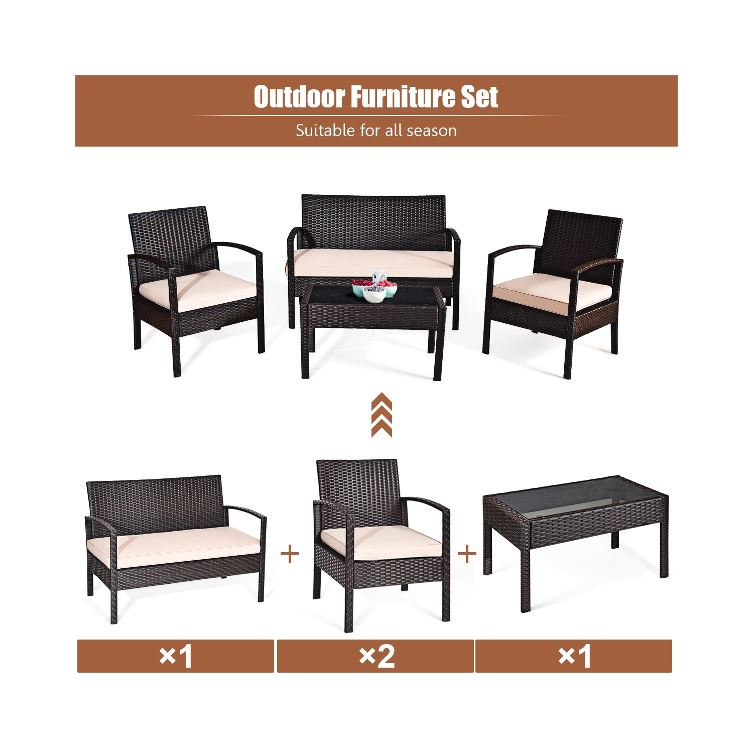 Topbuy 8PCS Conversation Wicker Set Patio Rattan Table&Cushioned Chair
