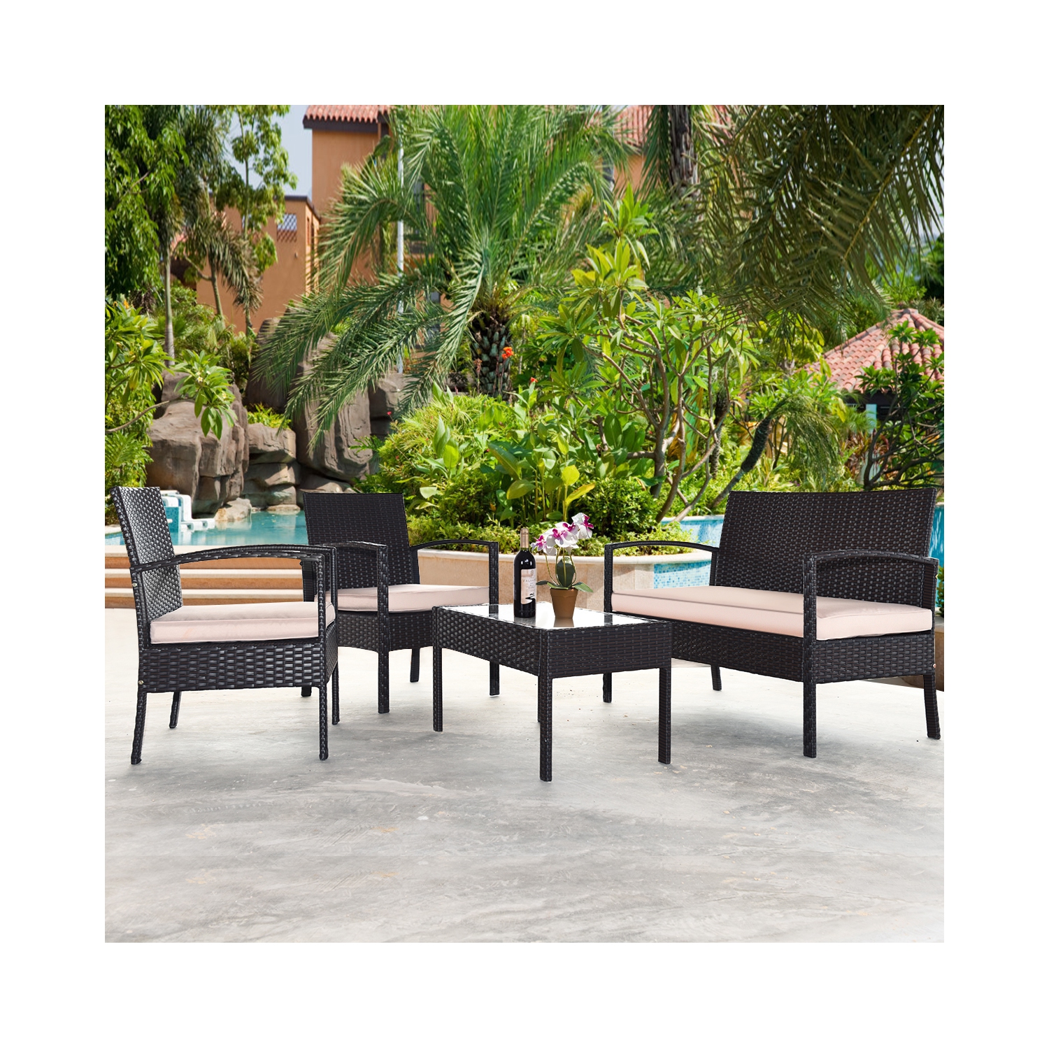 Topbuy 4PCS Conversation Wicker Set Patio Rattan Table&Cushioned Chair