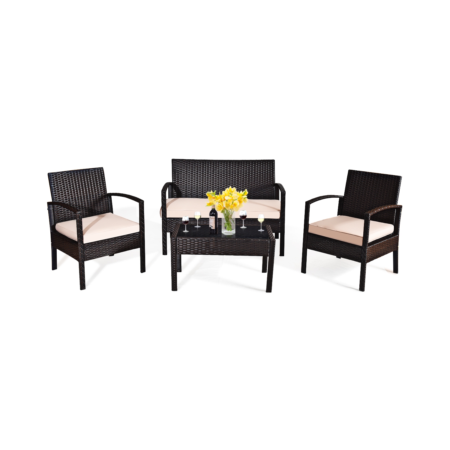 Topbuy 4PCS Conversation Wicker Set Patio Rattan Table&Cushioned Chair