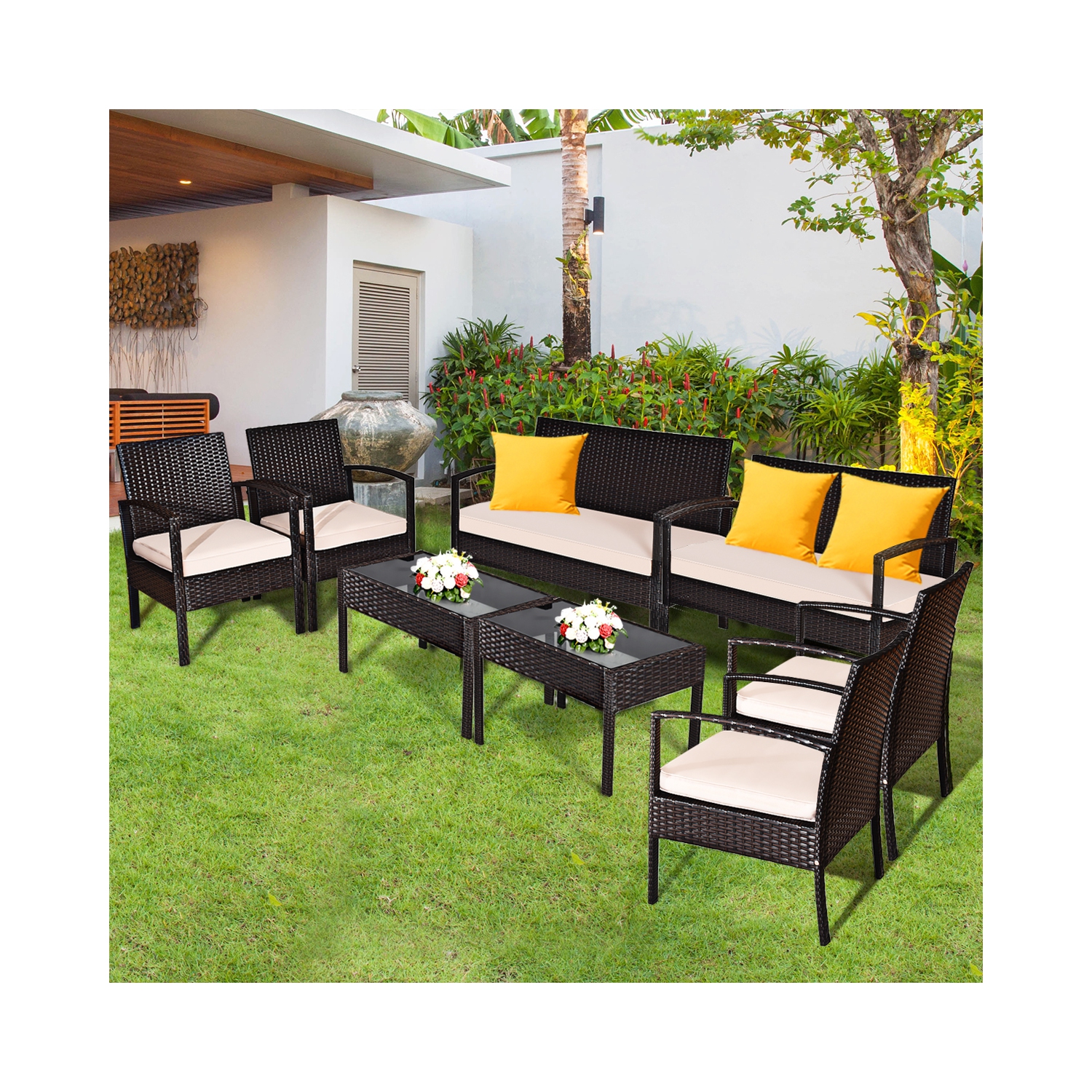 Topbuy 4PCS Conversation Wicker Set Patio Rattan Table&Cushioned Chair
