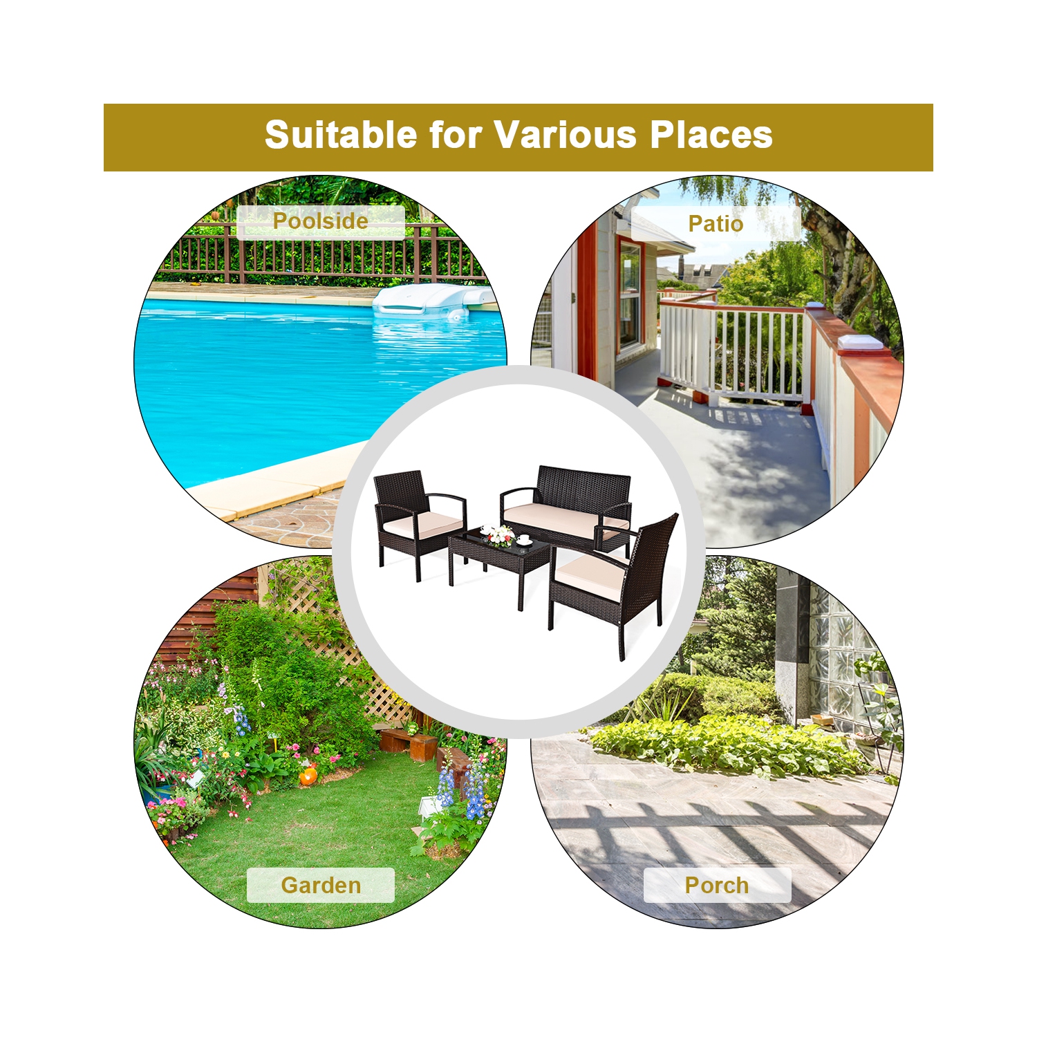 Topbuy 4PCS Conversation Wicker Set Patio Rattan Table&Cushioned Chair