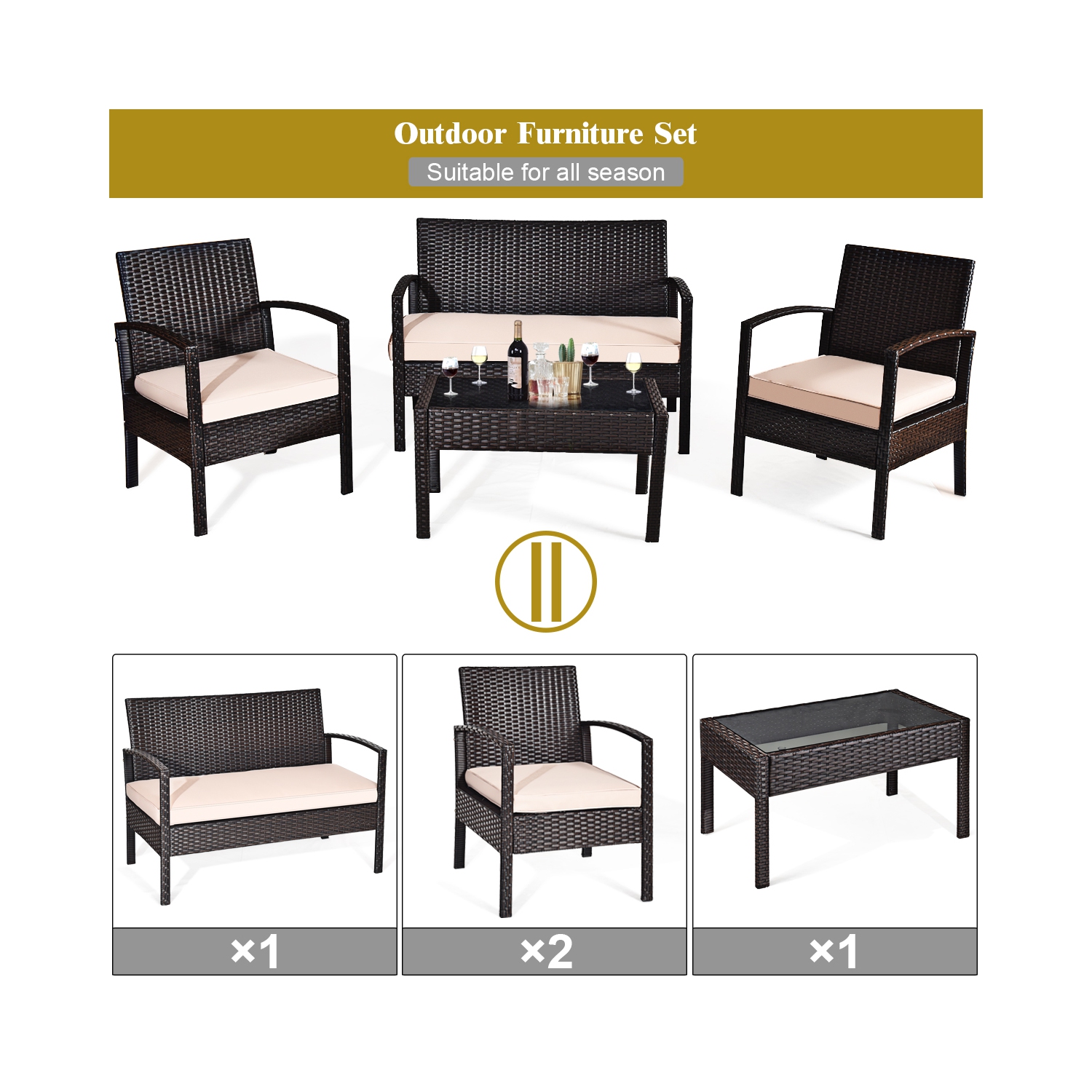 Topbuy 4PCS Conversation Wicker Set Patio Rattan Table&Cushioned Chair