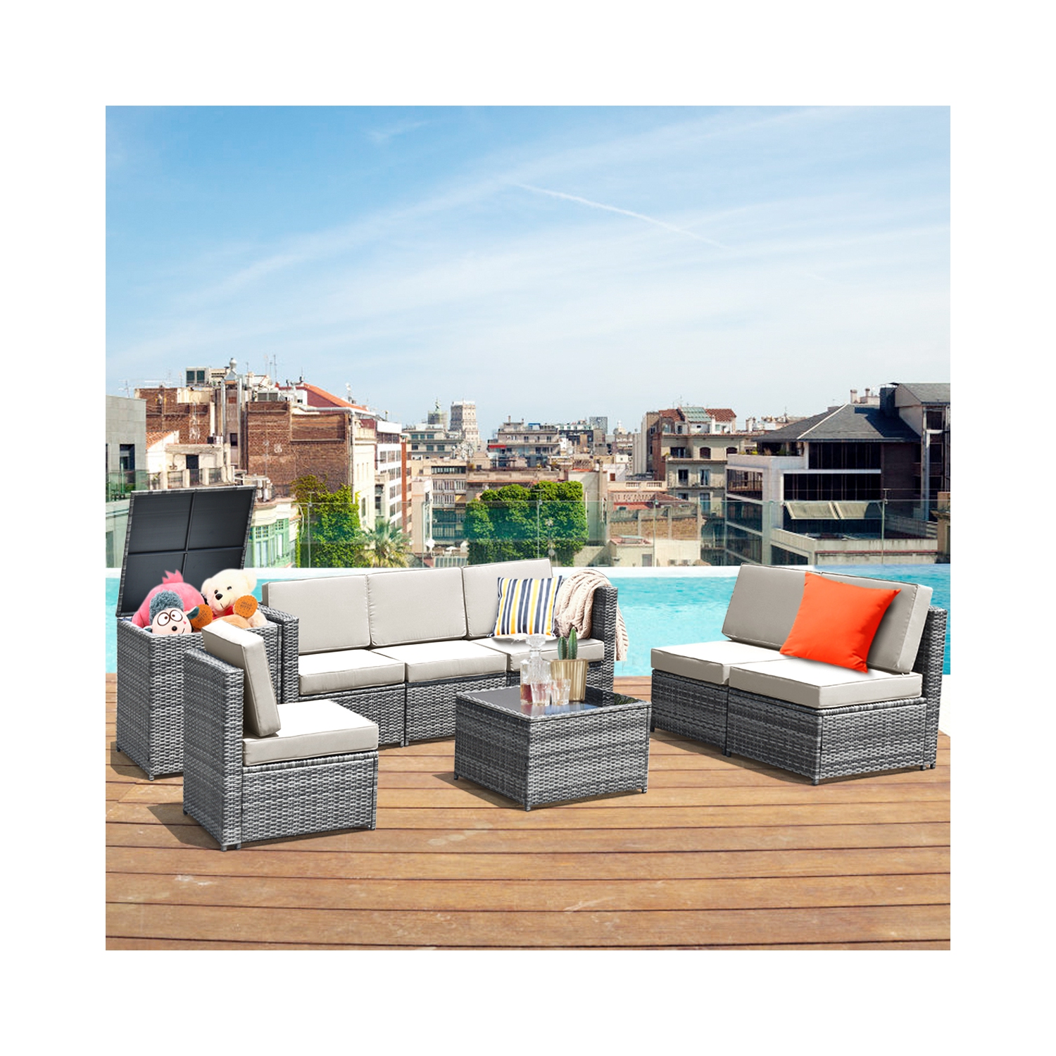 Topbuy 8-Piece Outdoor Wicker Rattan Conversation Sofa Set w/ Storage Table White/Black/Turquoise