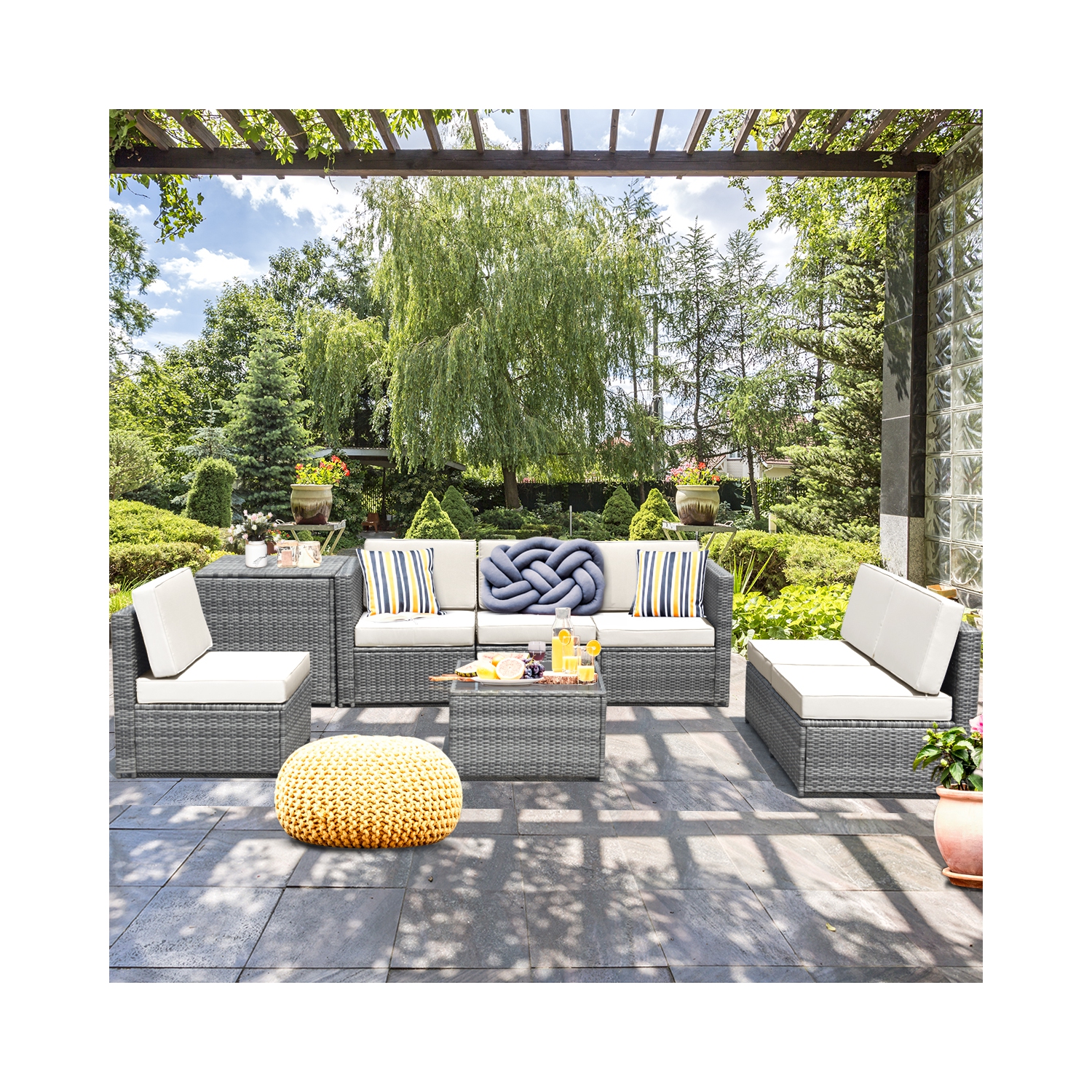 Topbuy 8-Piece Outdoor Wicker Rattan Conversation Sofa Set w/ Storage Table White/Black/Turquoise