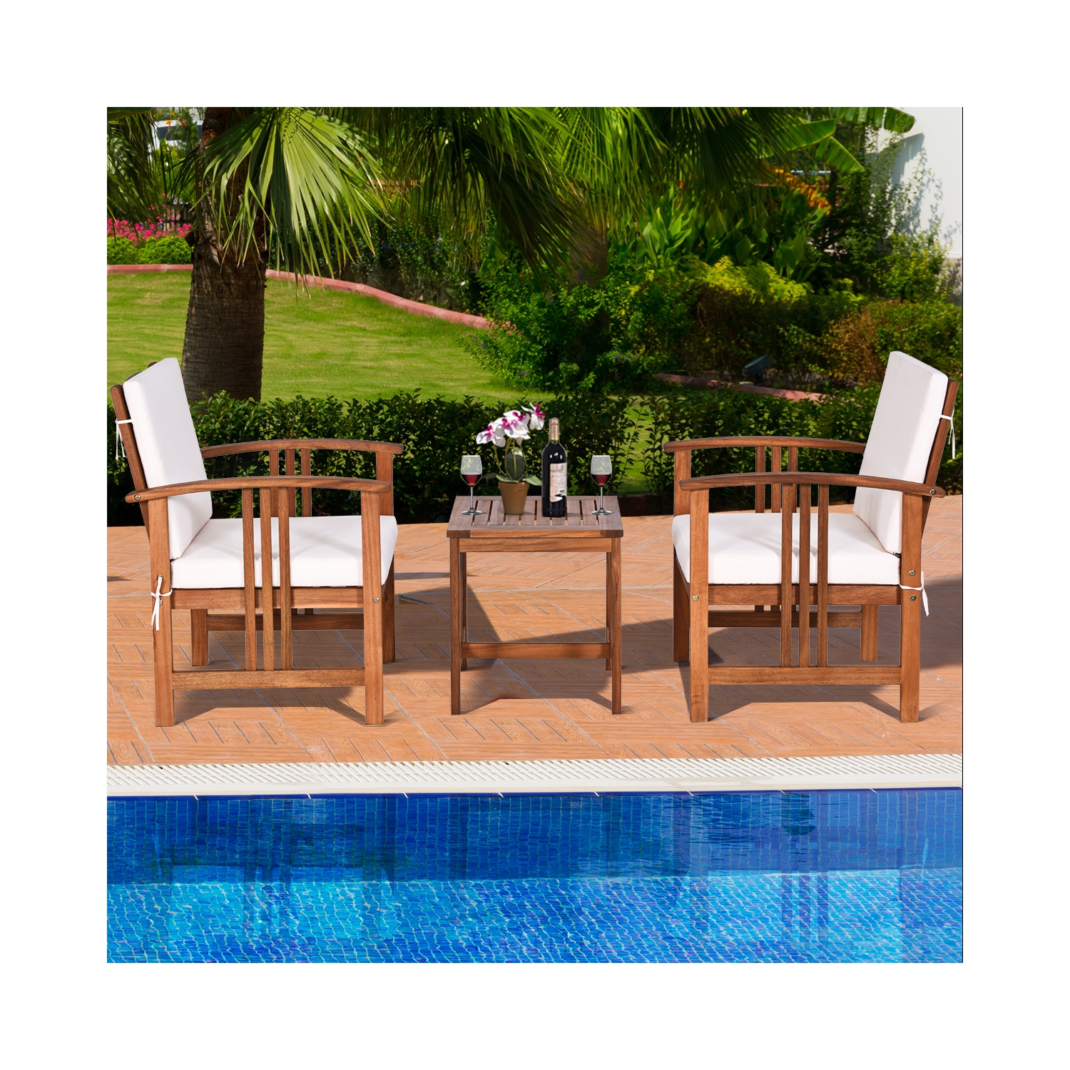 Ensemble de 3 pièces avec sofa modulaire en bois d’acacia de TopBuy avec coussins blancs/gris