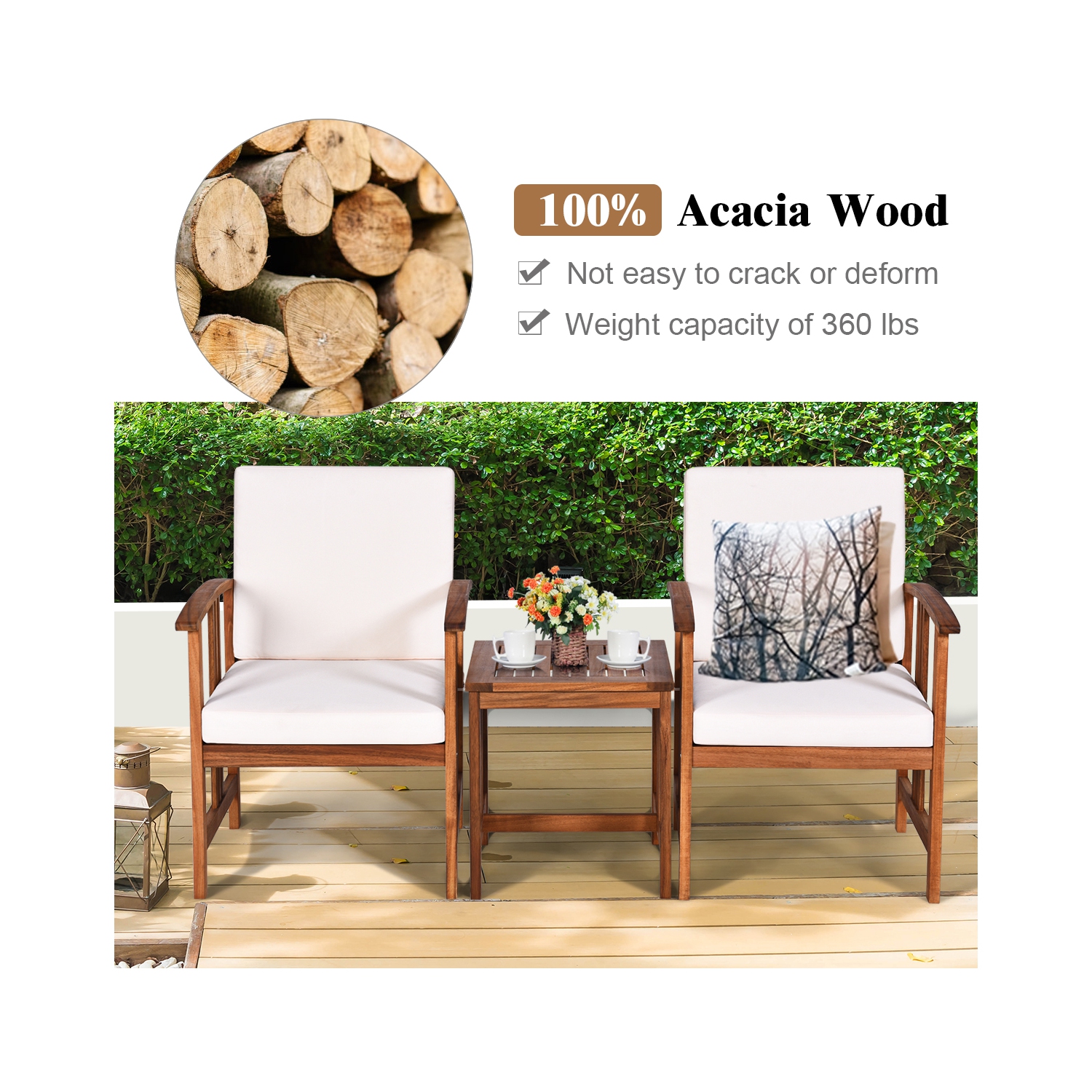 Ensemble de 3 pièces avec sofa modulaire en bois d’acacia de TopBuy avec coussins blancs/gris