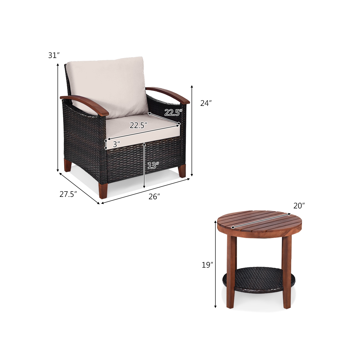 Ensemble patio 3 pièces en rotin de TopBuy avec cadre en bois d’acacia et table d’appoint Beige/Bleu/Rouge