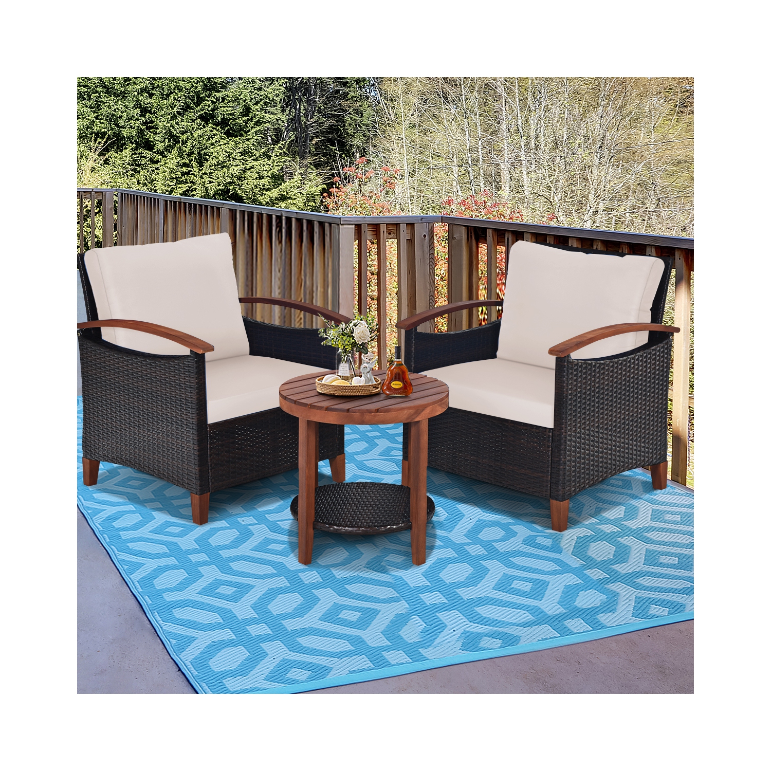 Ensemble patio 3 pièces en rotin de TopBuy avec cadre en bois d’acacia et table d’appoint Beige/Bleu/Rouge