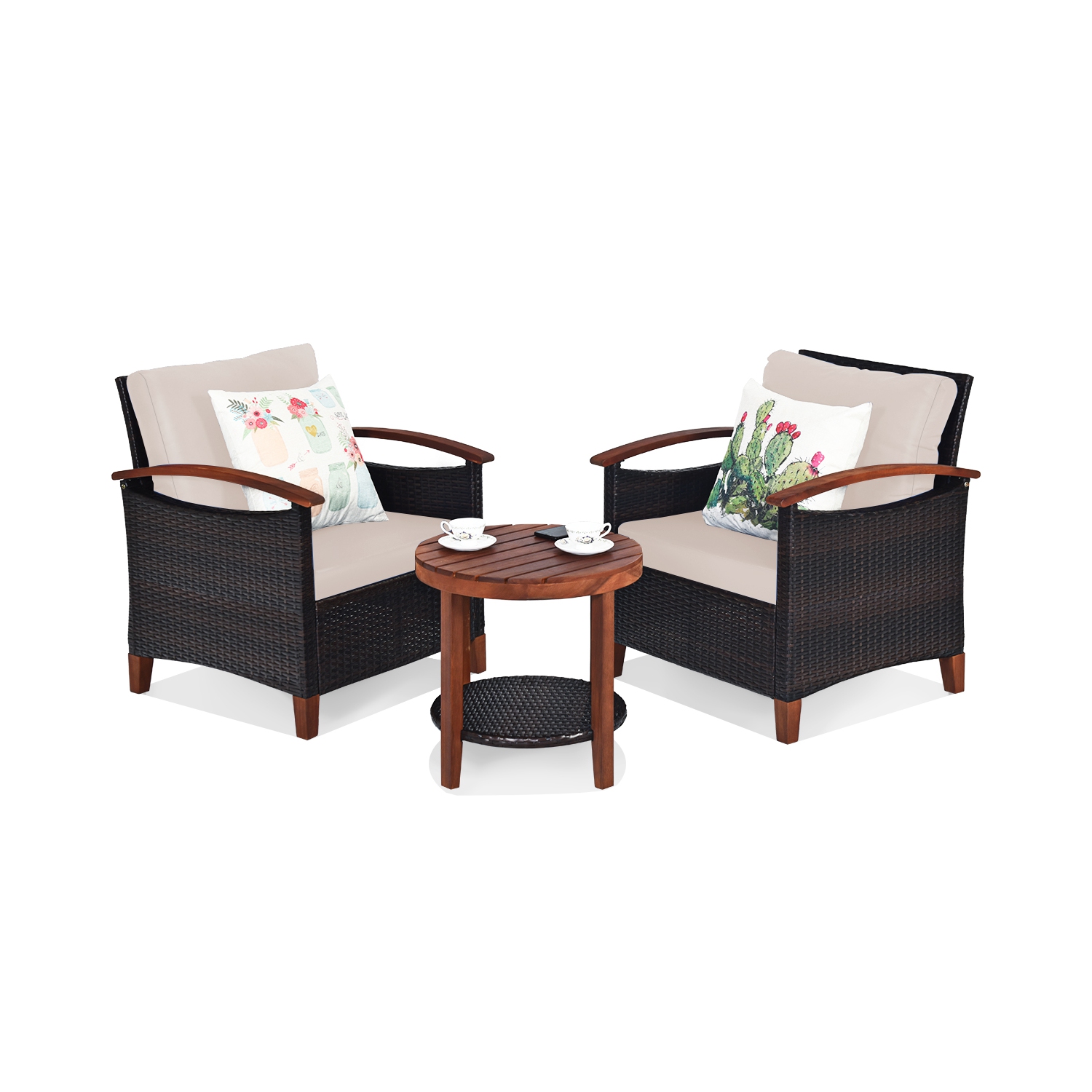 Ensemble patio 3 pièces en rotin de TopBuy avec cadre en bois d’acacia et table d’appoint Beige/Bleu/Rouge