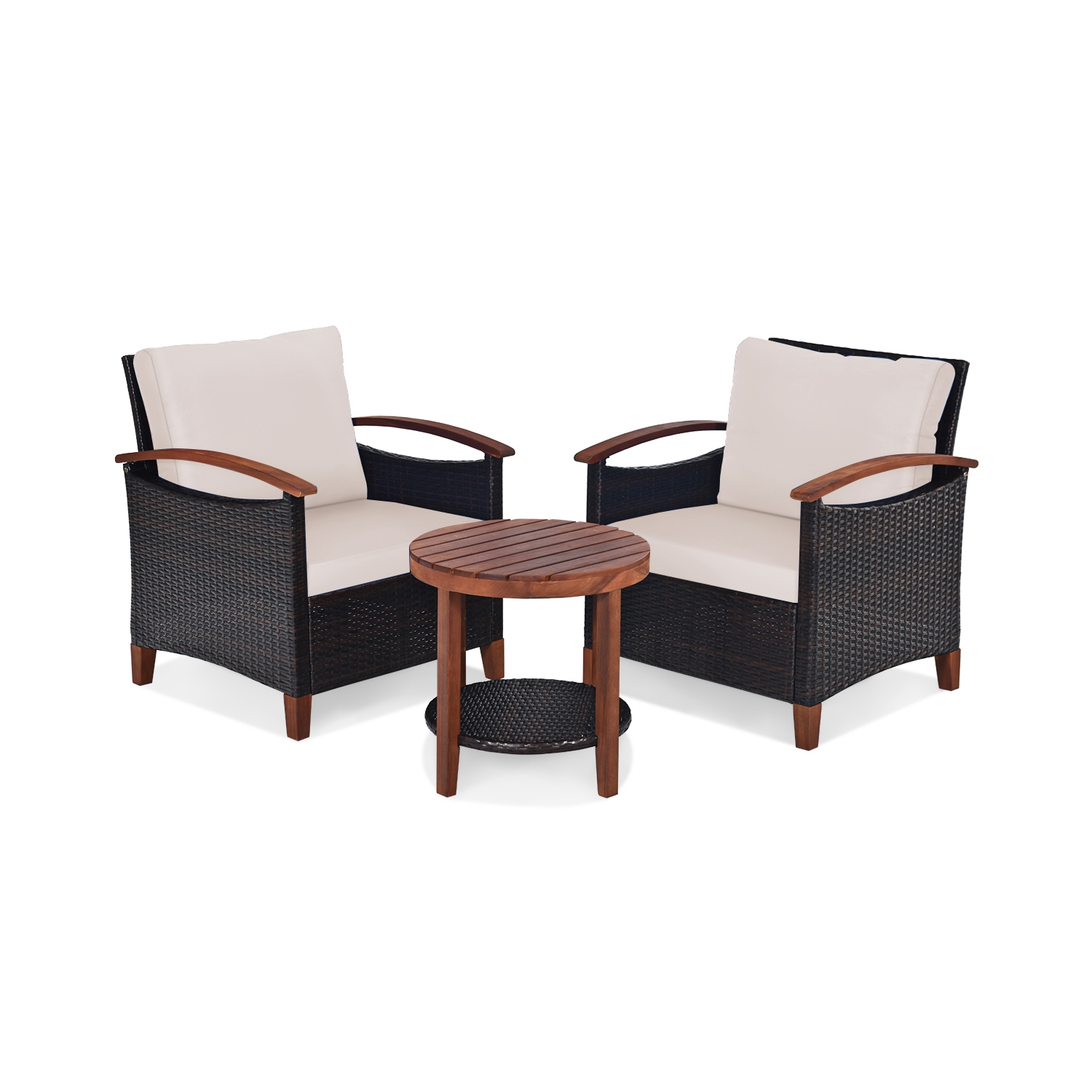 Ensemble patio 3 pièces en rotin de TopBuy avec cadre en bois d’acacia et table d’appoint Beige/Bleu/Rouge