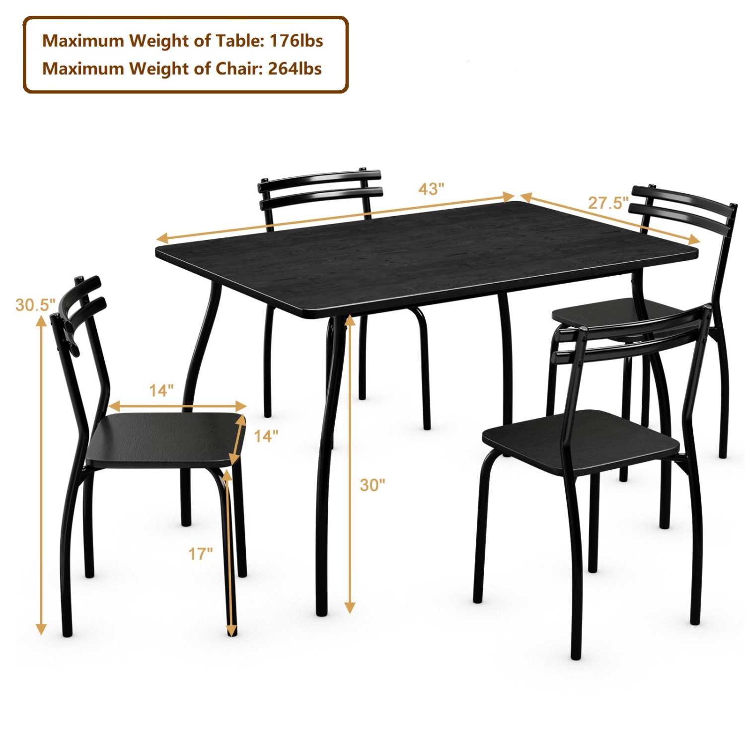 TopBuy – Ensemble de table de salle à manger 5 pièces 4 chaises pour mobilier de déjeuner noir