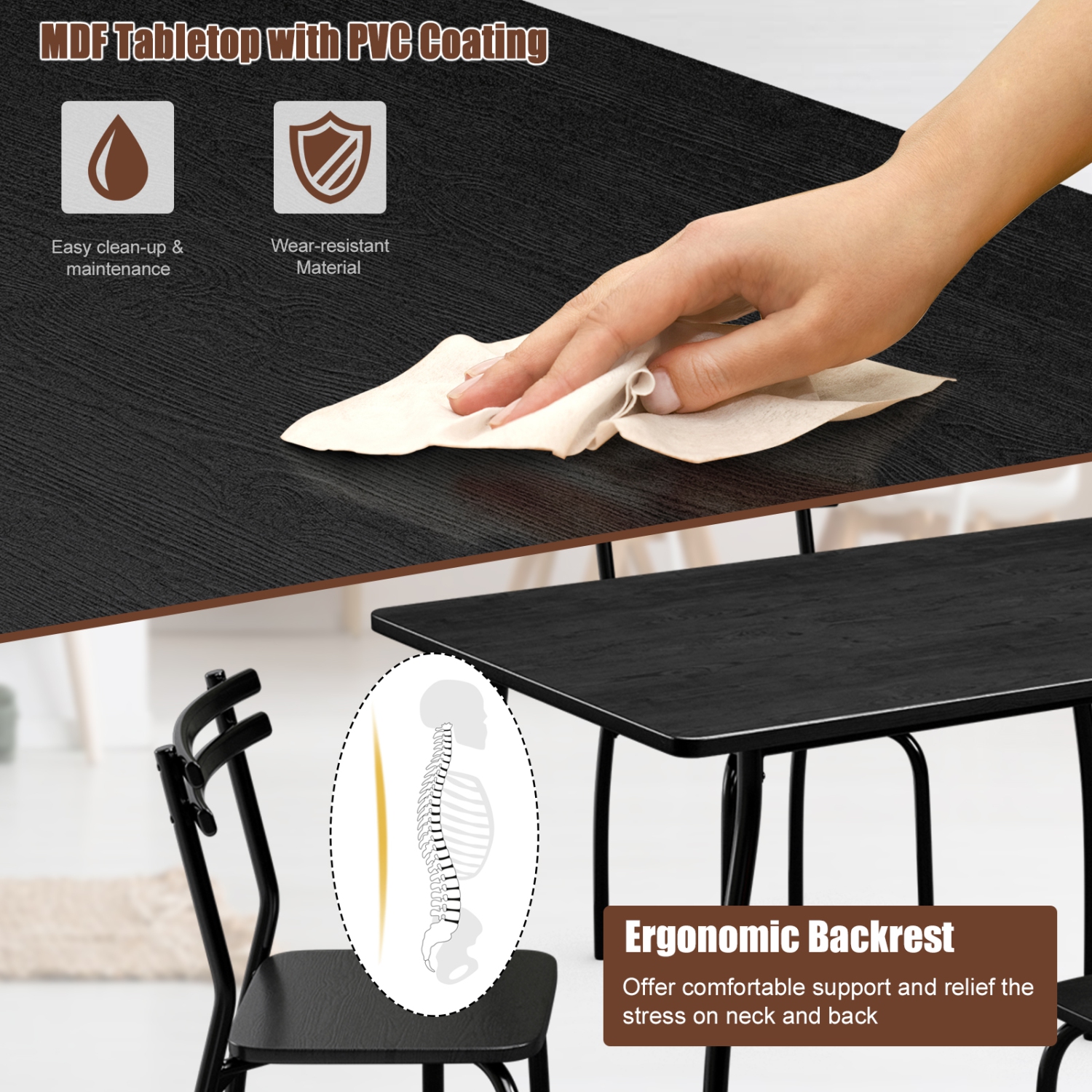 TopBuy – Ensemble de table de salle à manger 5 pièces 4 chaises pour mobilier de déjeuner noir