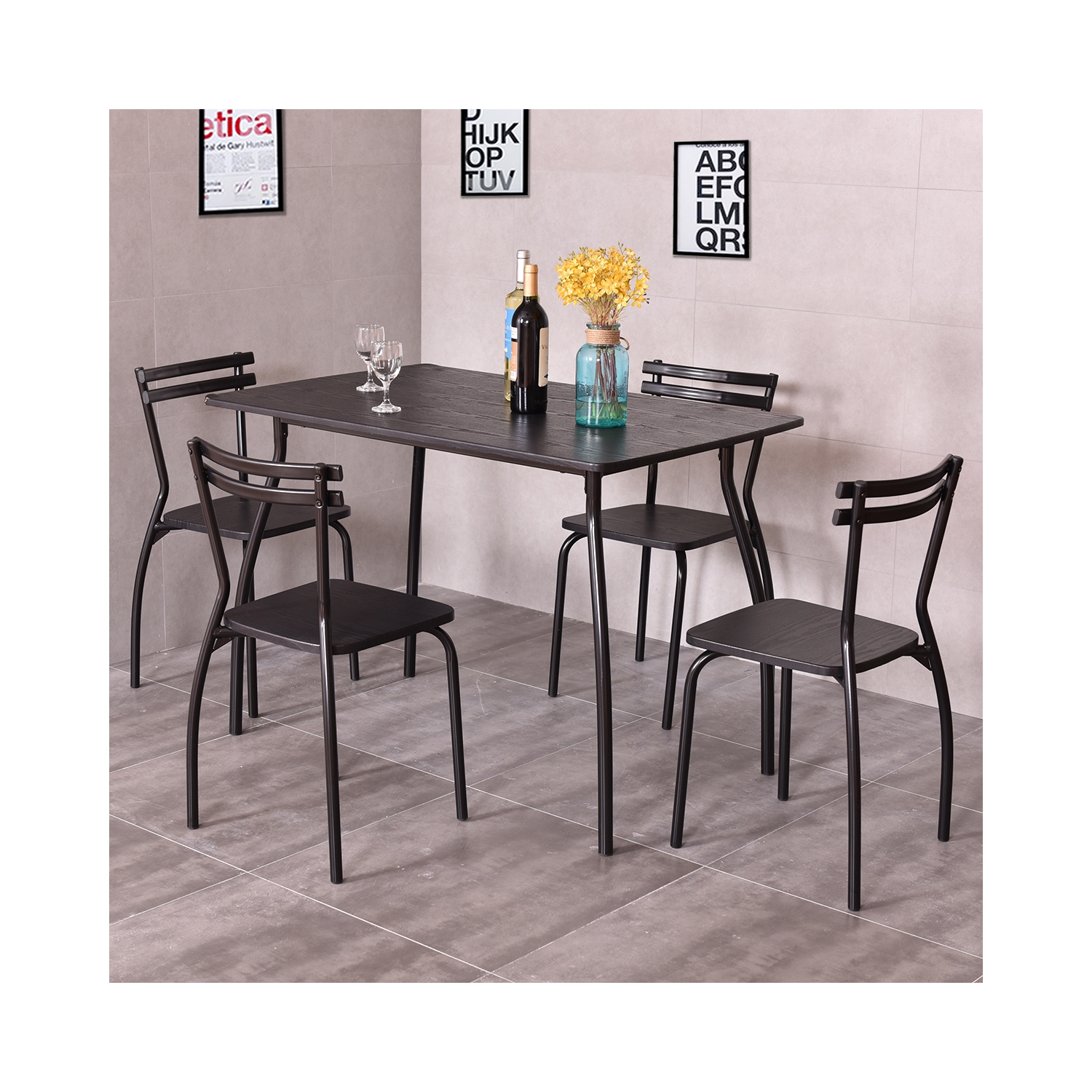 TopBuy – Ensemble de table de salle à manger 5 pièces 4 chaises pour mobilier de déjeuner noir