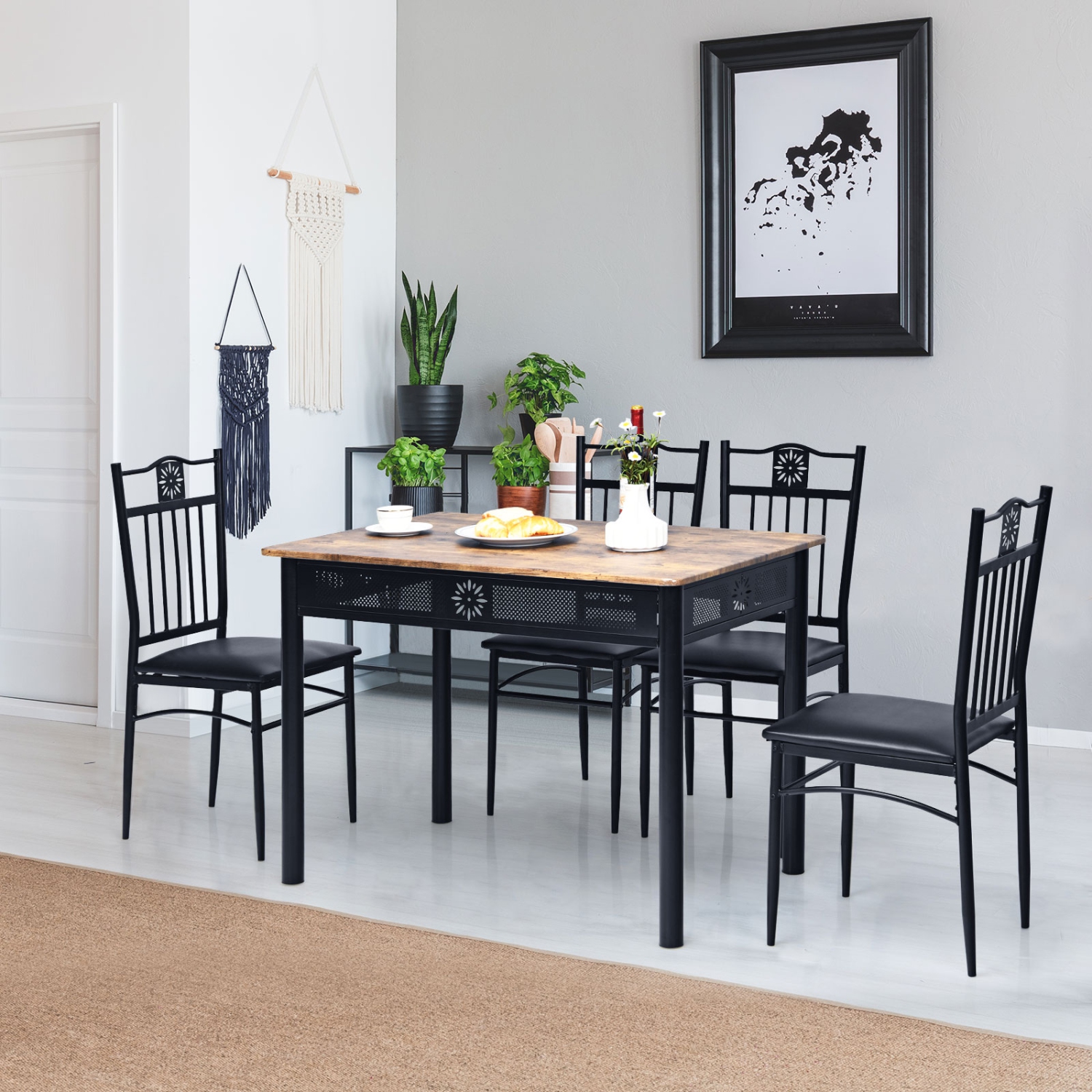 Topbuy 5 Piece Dining Set Wood Metal Table and Chairs Kitchen Furniture Black