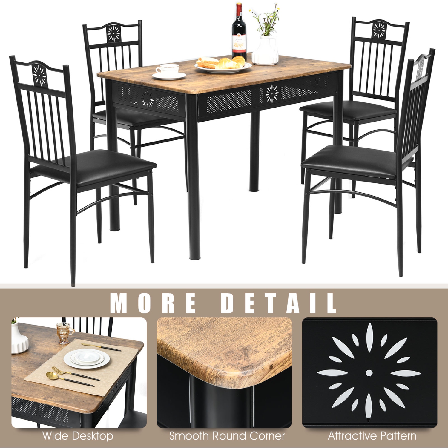 Topbuy 5 Piece Dining Set Wood Metal Table and Chairs Kitchen Furniture Black