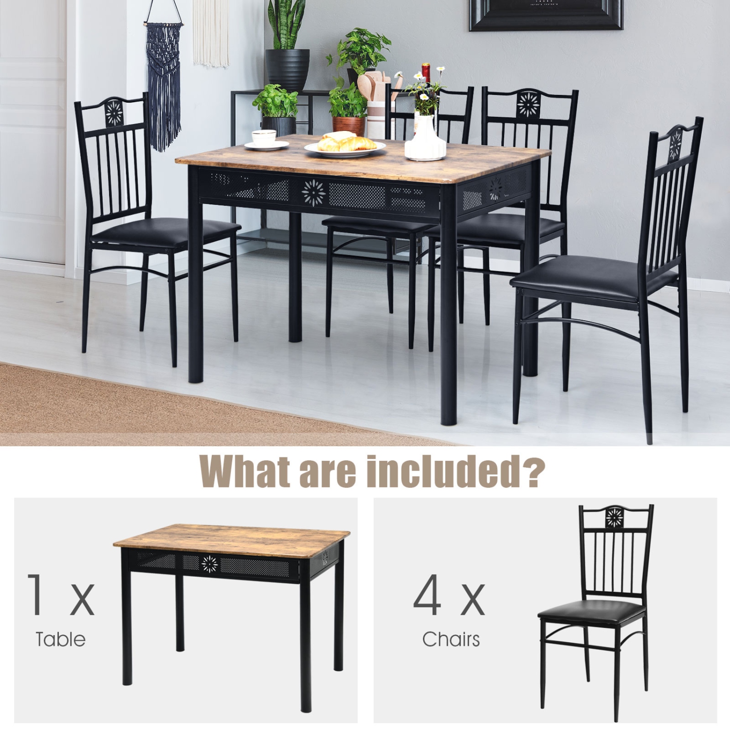 Topbuy 5 Piece Dining Set Wood Metal Table and Chairs Kitchen Furniture Black