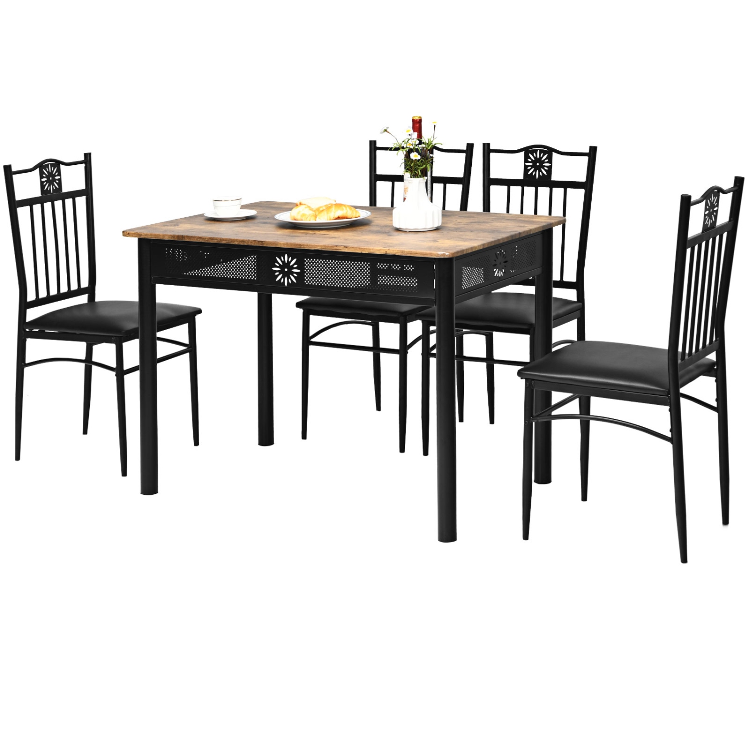 Topbuy 5 Piece Dining Set Wood Metal Table and Chairs Kitchen Furniture Black