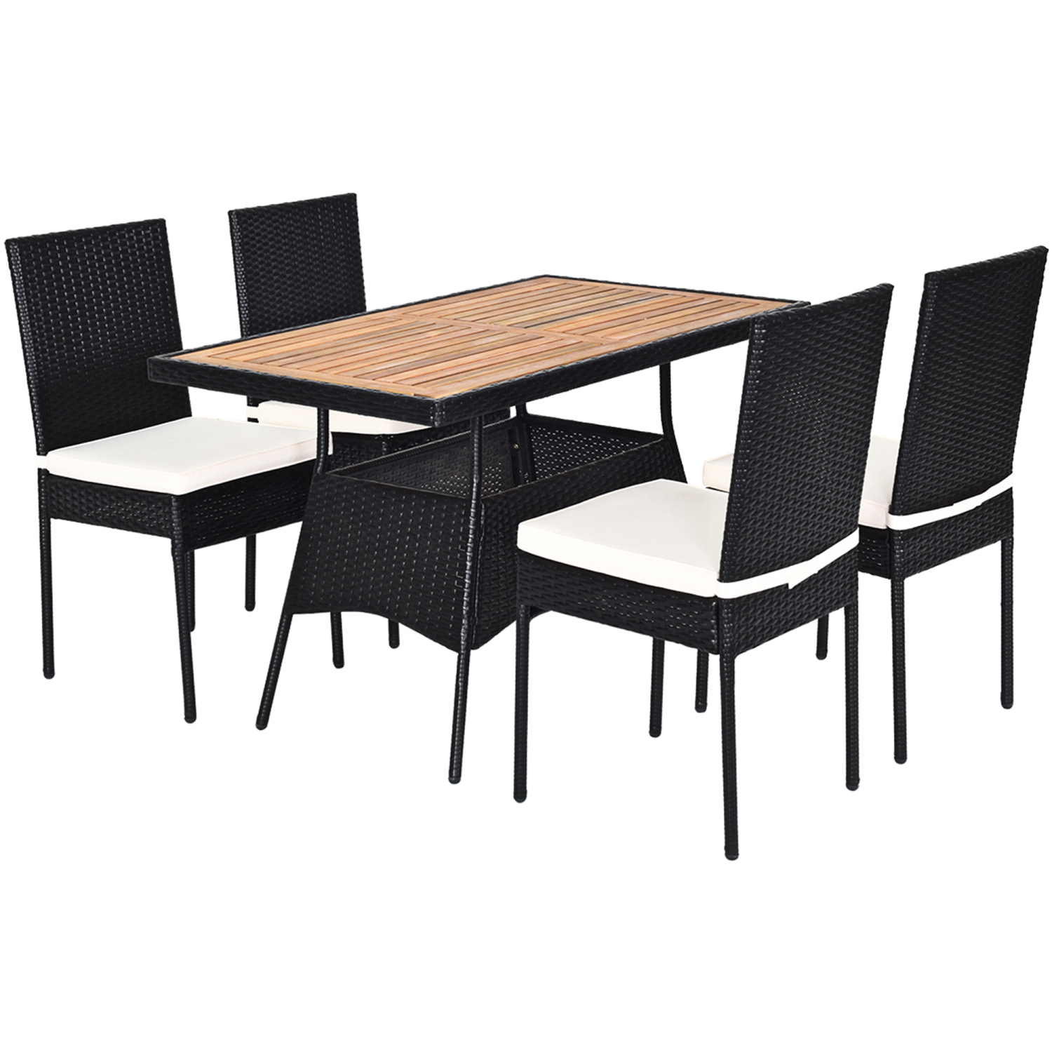 Topbuy 5PCS Outdoor Rattan Wicker Dining Set Acacia Wood Table & 4 Chairs with Cushions