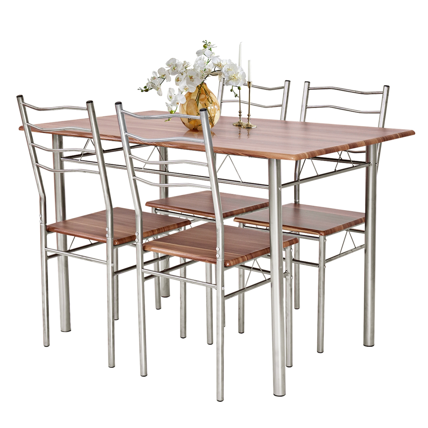 TopBuy – Ensemble de table de salle à manger 5 pièces, 4 chaises, cadre en métal et MDF, mobilier de cuisine, noyer