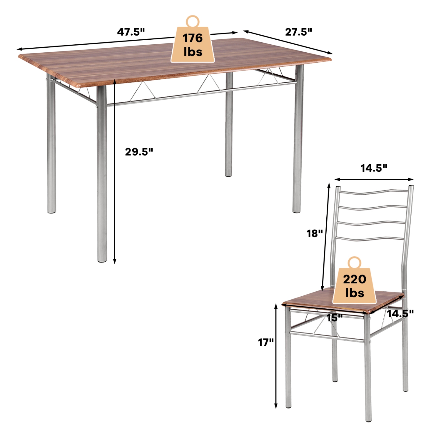 TopBuy – Ensemble de table de salle à manger 5 pièces, 4 chaises, cadre en métal et MDF, mobilier de cuisine, noyer