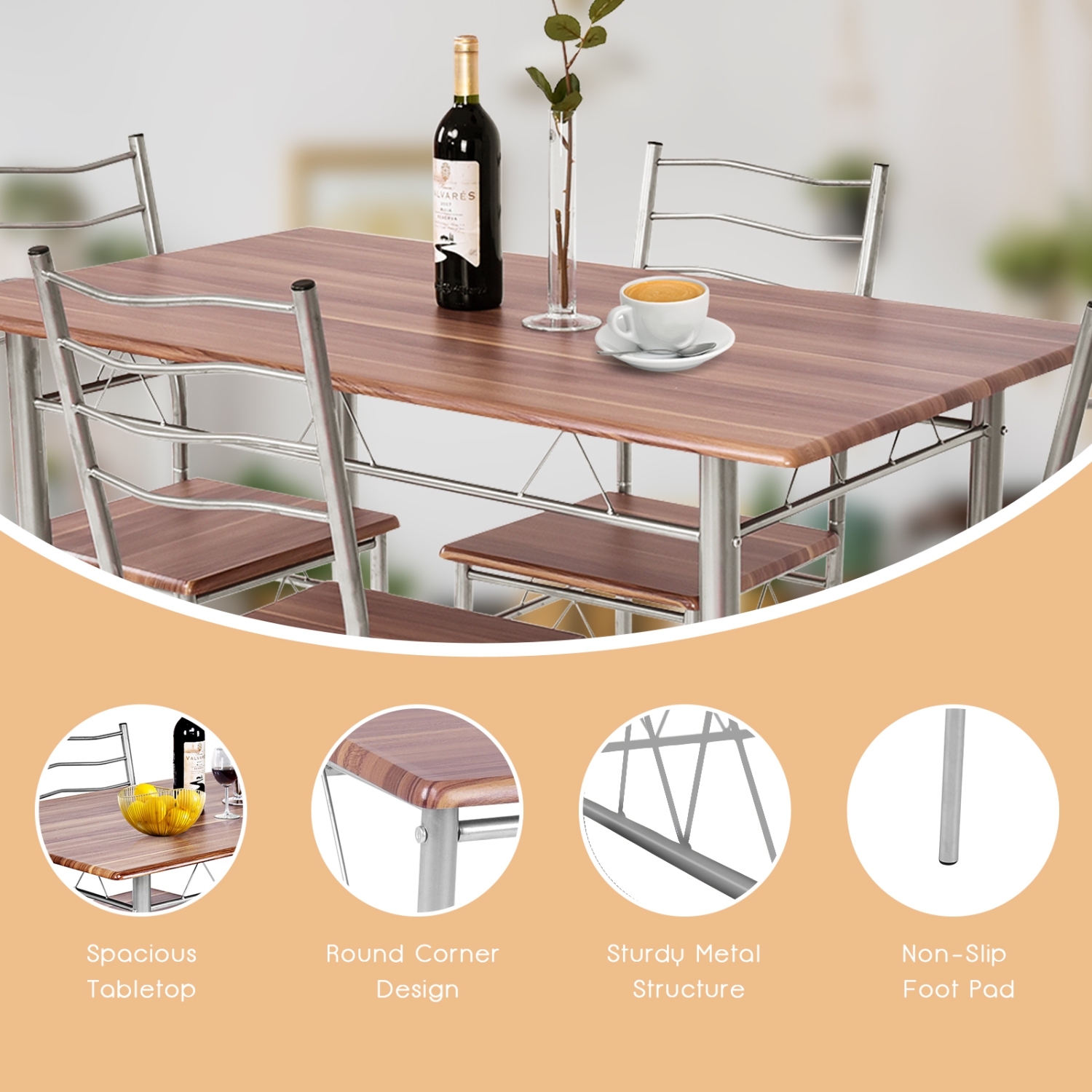 TopBuy – Ensemble de table de salle à manger 5 pièces, 4 chaises, cadre en métal et MDF, mobilier de cuisine, noyer