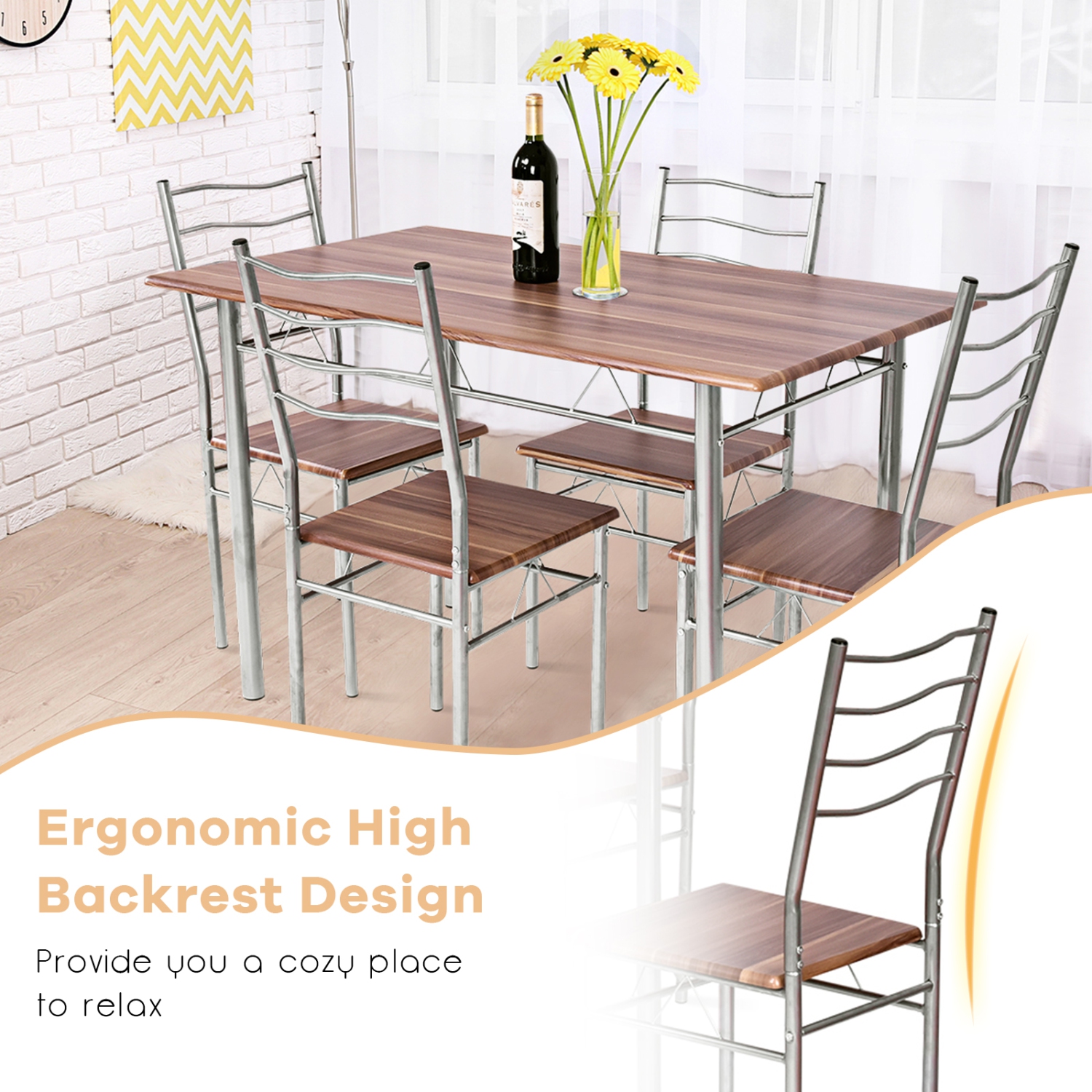 TopBuy – Ensemble de table de salle à manger 5 pièces, 4 chaises, cadre en métal et MDF, mobilier de cuisine, noyer