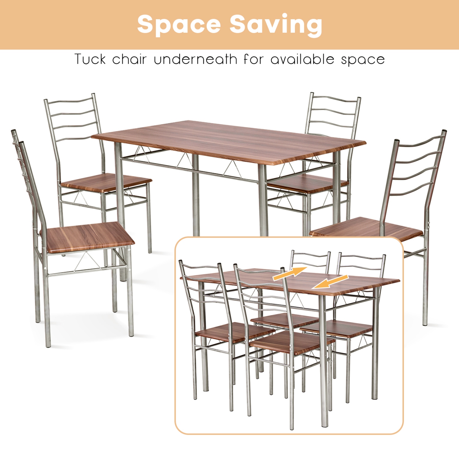 TopBuy – Ensemble de table de salle à manger 5 pièces, 4 chaises, cadre en métal et MDF, mobilier de cuisine, noyer