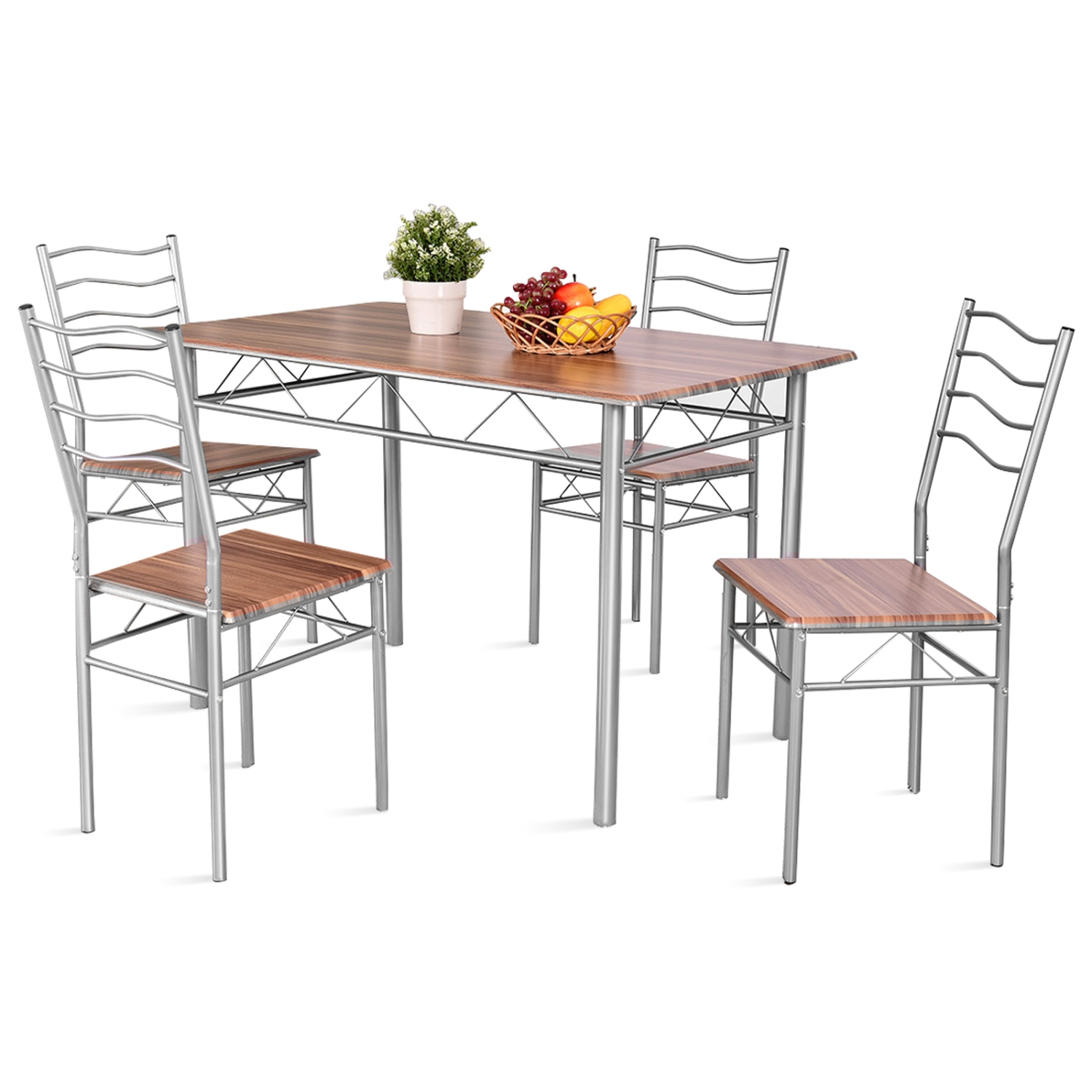 TopBuy – Ensemble de table de salle à manger 5 pièces, 4 chaises, cadre en métal et MDF, mobilier de cuisine, noyer