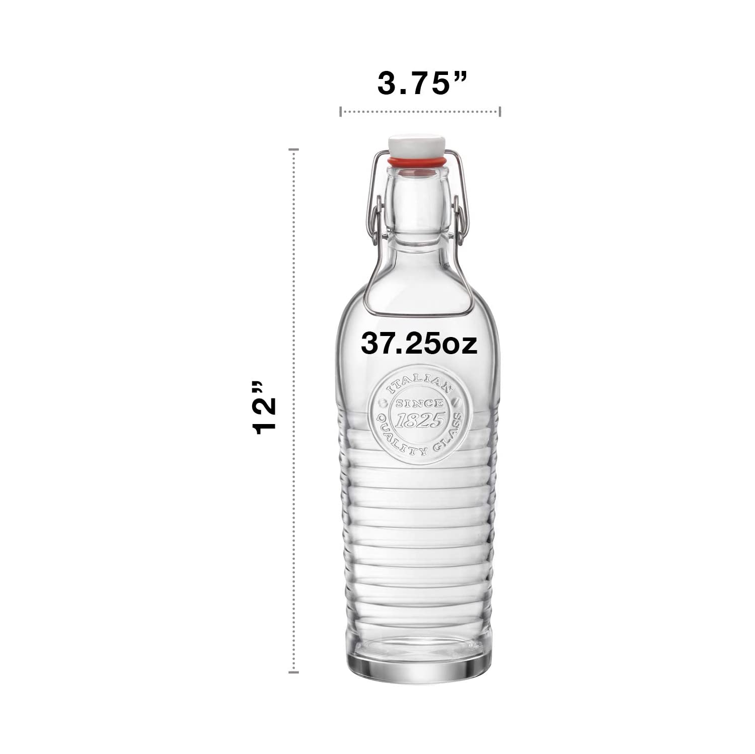 Bormioli Rocco Officina Water Bottle - (1.1L / 37.25 Oz), Italian Glass Pitcher with Airtight Seal & Metal Clamp