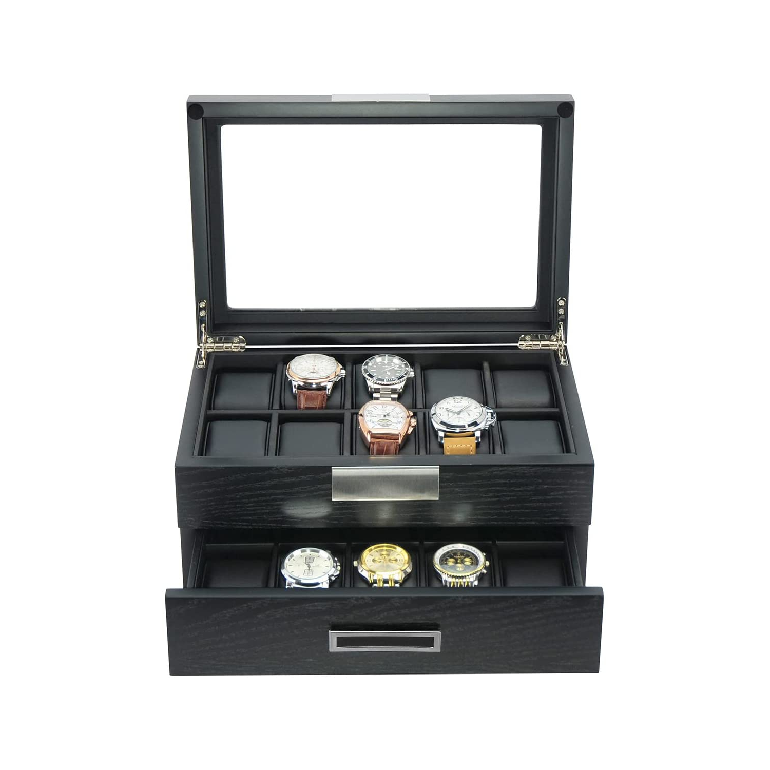 Présentoir de montres en bois à 20 compartiments dessus en verre Boîte de rangement de la collection de bijoux pour hommes/femmes