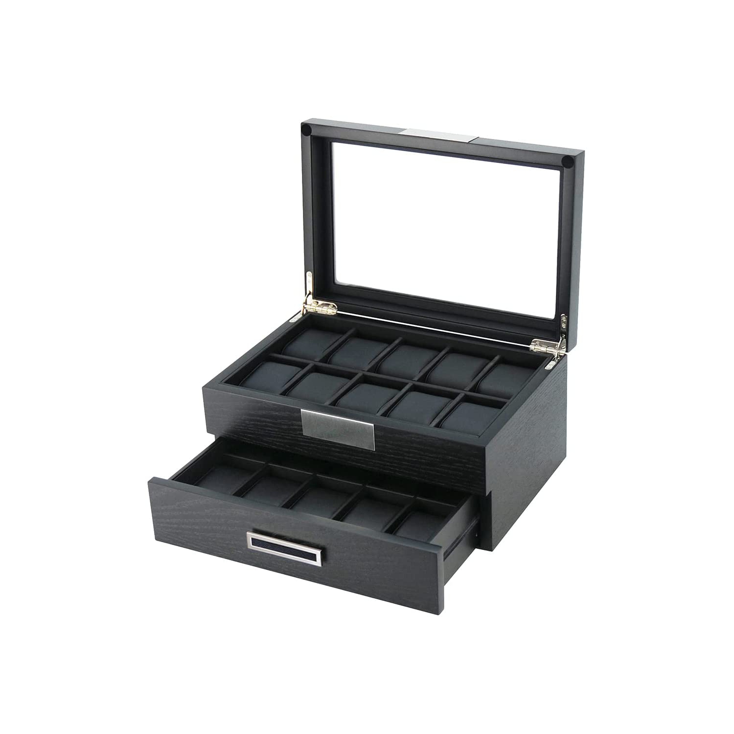 Présentoir de montres en bois à 20 compartiments dessus en verre Boîte de rangement de la collection de bijoux pour hommes/femmes