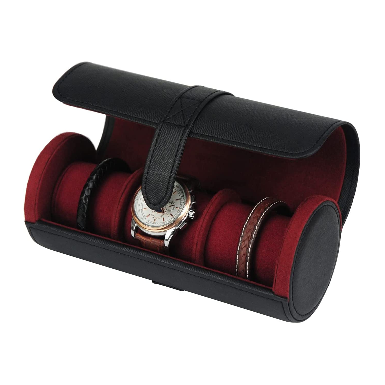 3 Slot PU Leather Roll Watch Case Jewelry Organizer and Valet for Men/Women