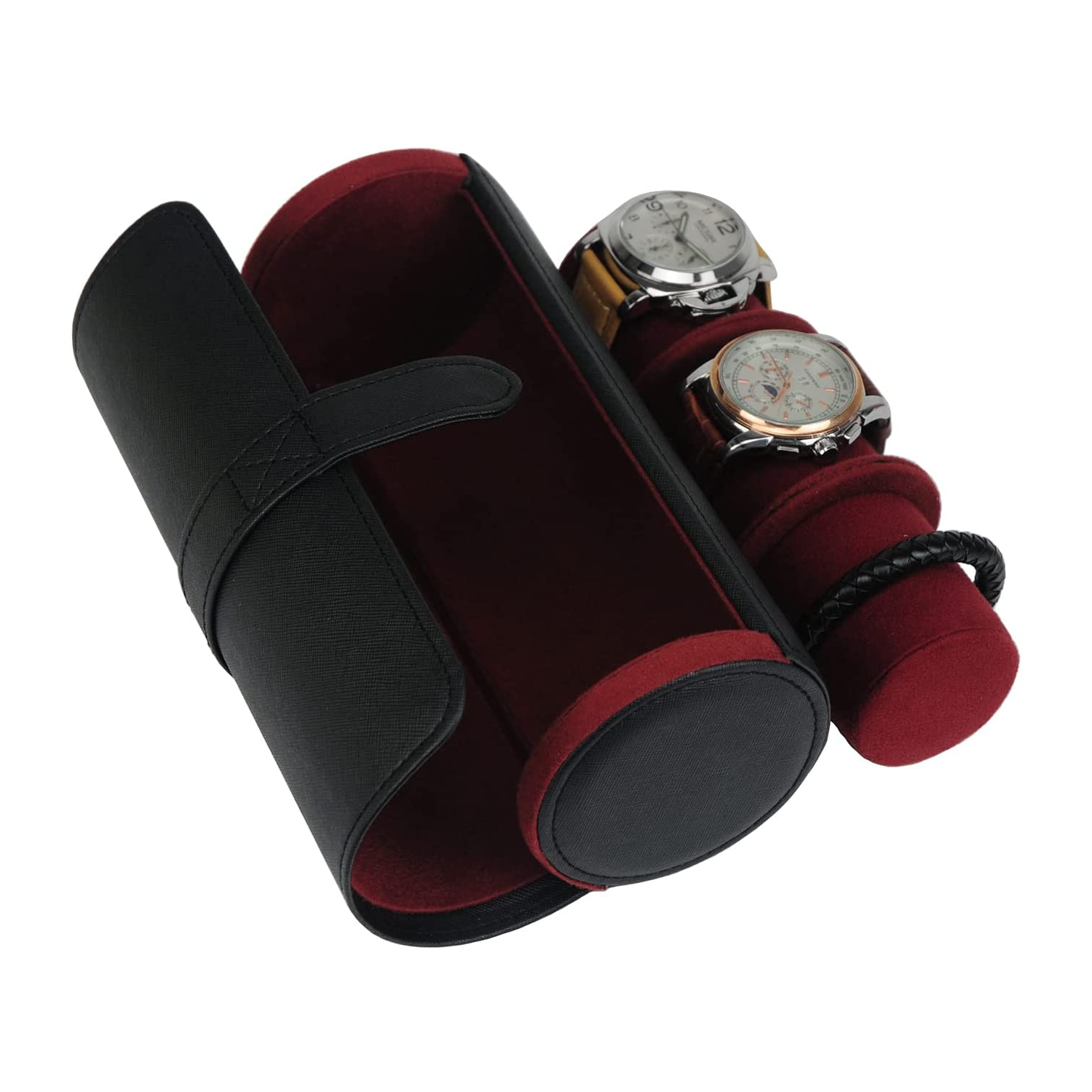 3 Slot PU Leather Roll Watch Case Jewelry Organizer and Valet for Men/Women