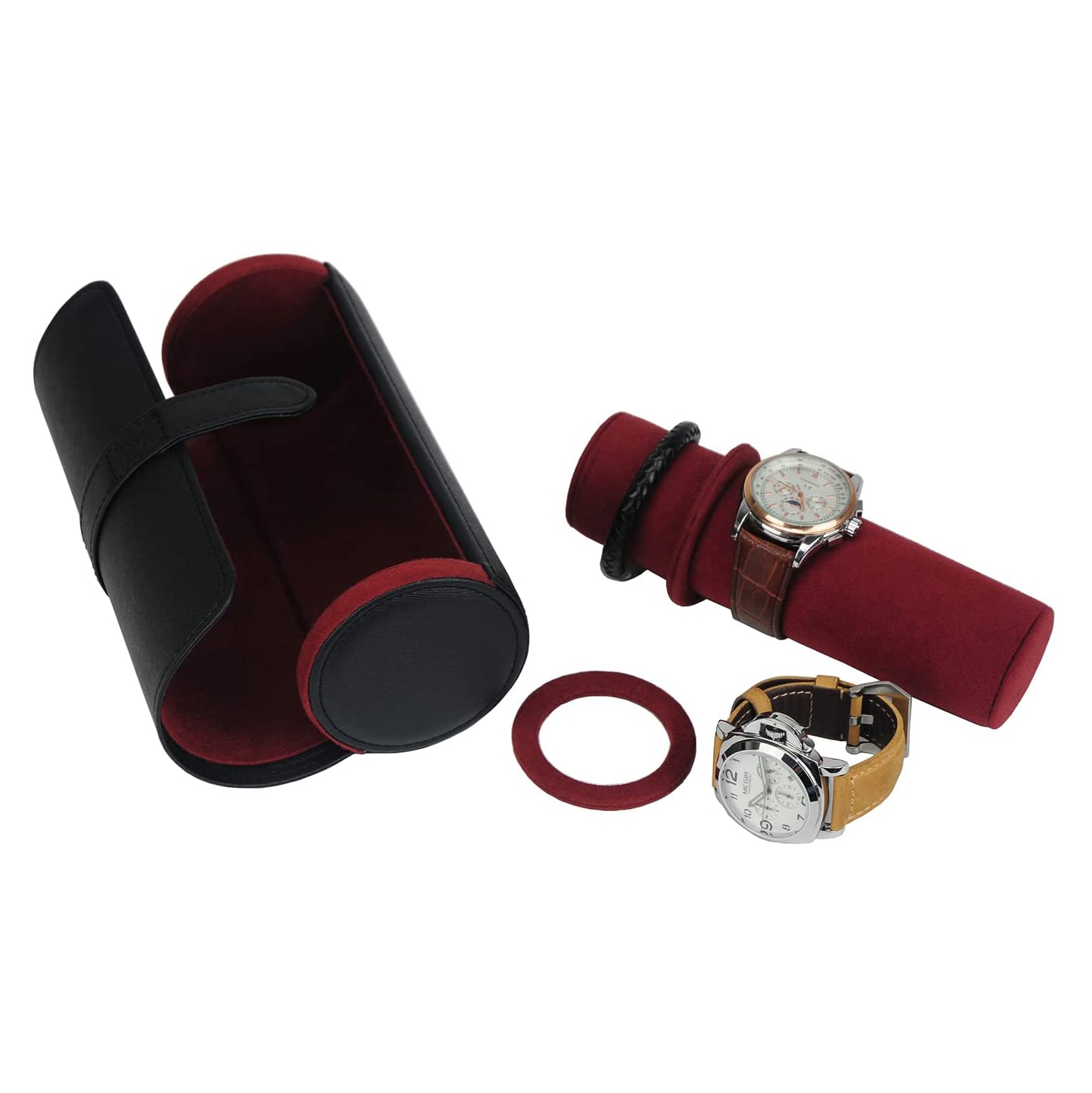 3 Slot PU Leather Roll Watch Case Jewelry Organizer and Valet for Men/Women