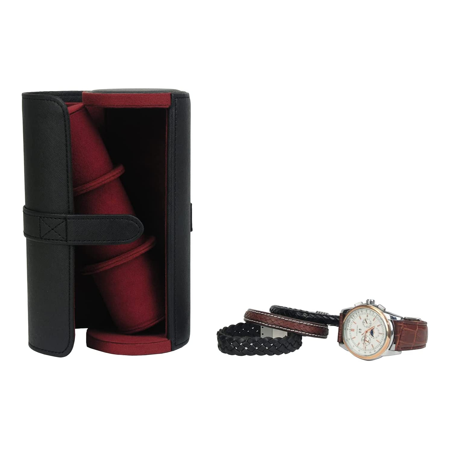 3 Slot PU Leather Roll Watch Case Jewelry Organizer and Valet for Men/Women