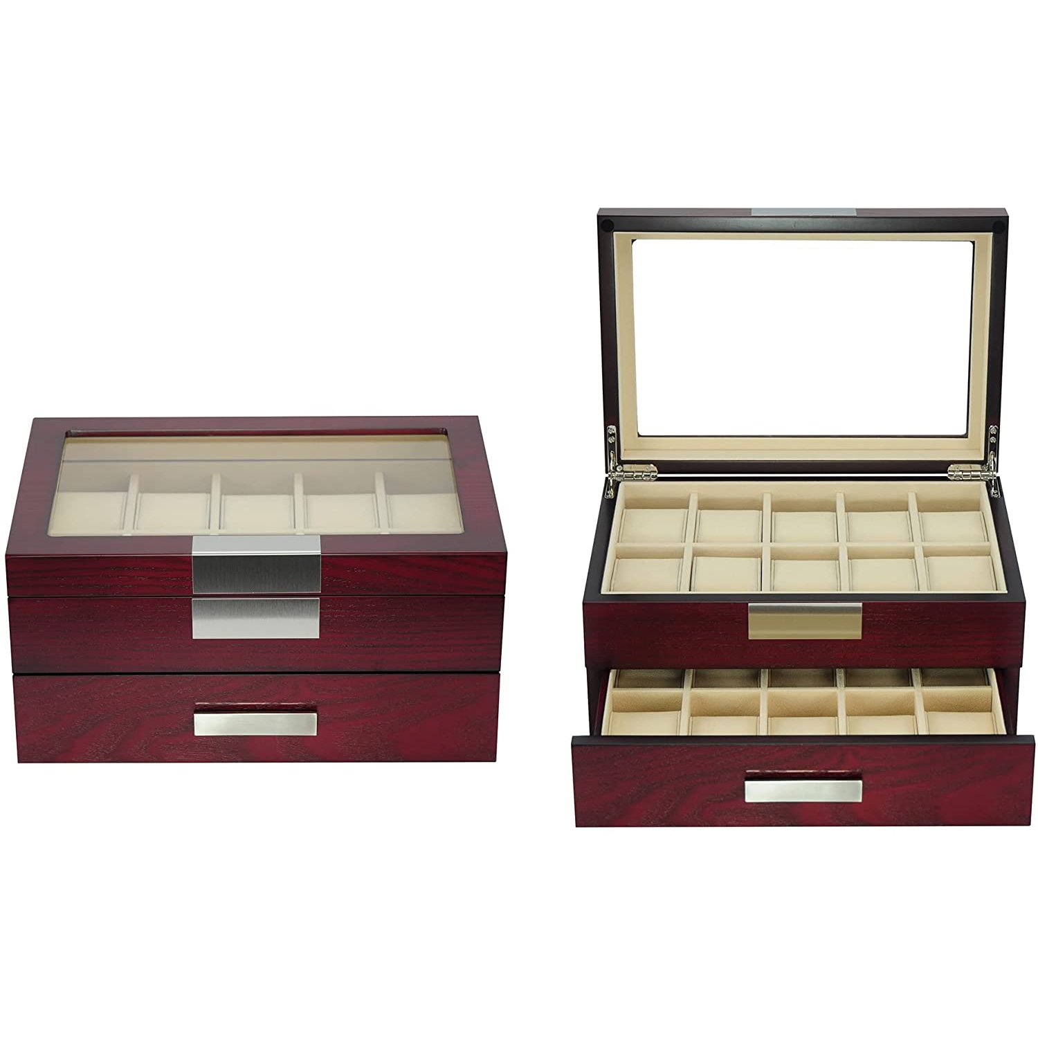 20 Slots Wooden Watch Display Case Glass Top Jewelry Collection Storage Box Organizer for Men/Women
