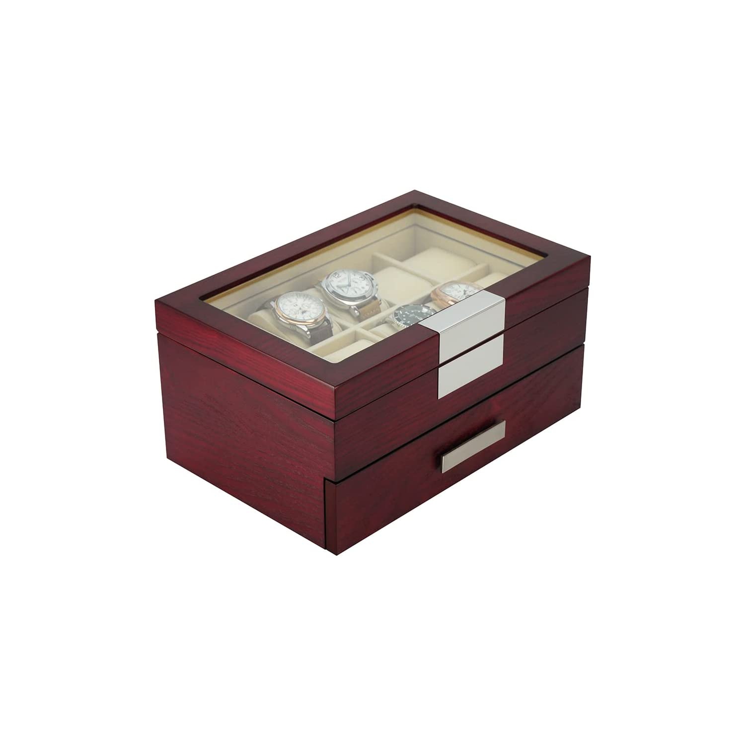 20 Slots Wooden Watch Display Case Glass Top Jewelry Collection Storage Box Organizer for Men/Women