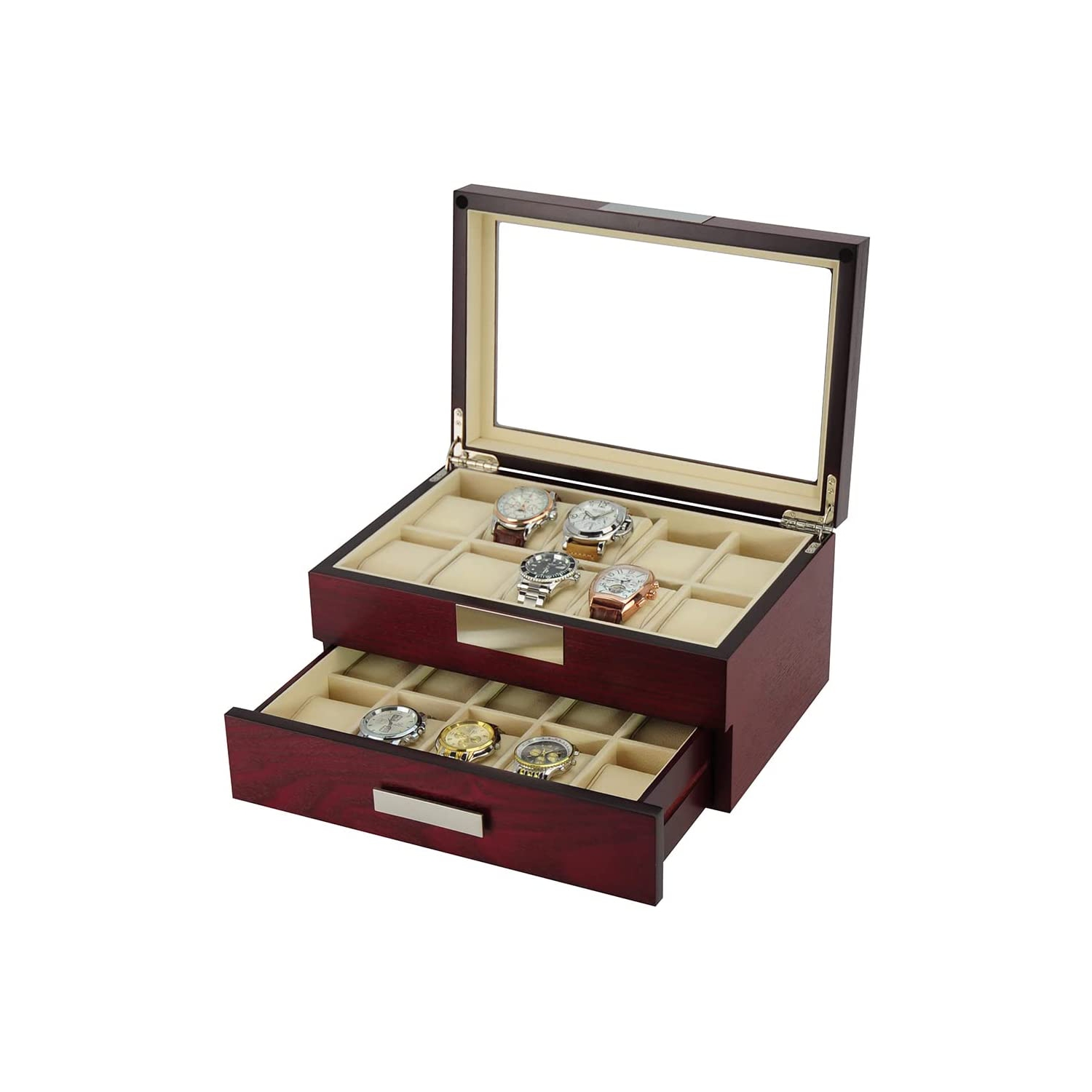 20 Slots Wooden Watch Display Case Glass Top Jewelry Collection Storage Box Organizer for Men/Women