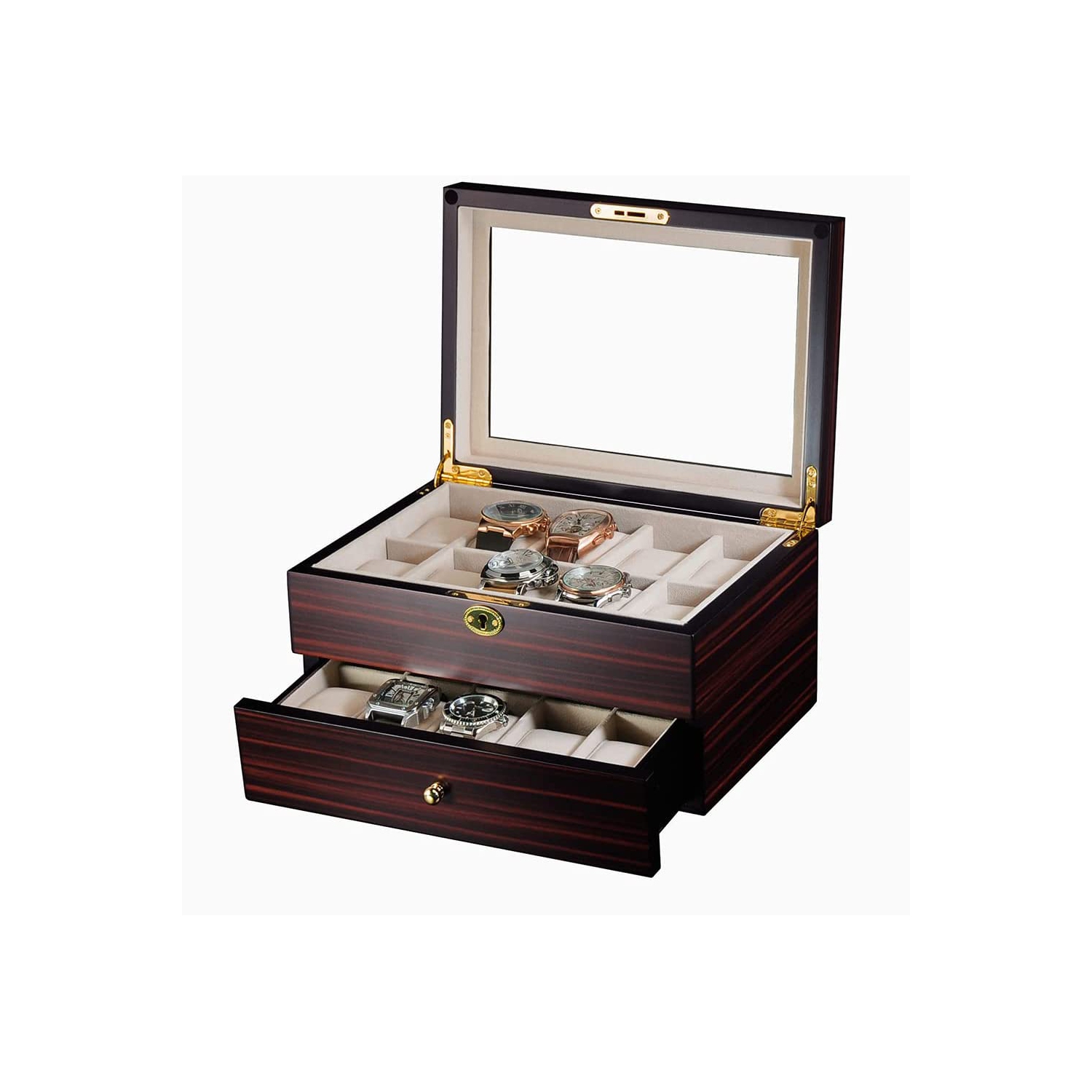 20 Slots Wooden Watch Display Case Glass Top Jewelry Collection Storage Box Organizer for Men/Women
