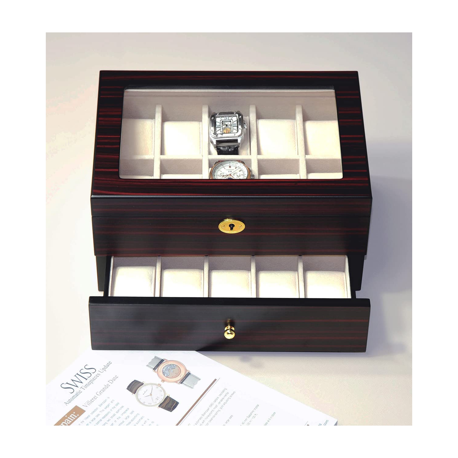 20 Slots Wooden Watch Display Case Glass Top Jewelry Collection Storage Box Organizer for Men/Women