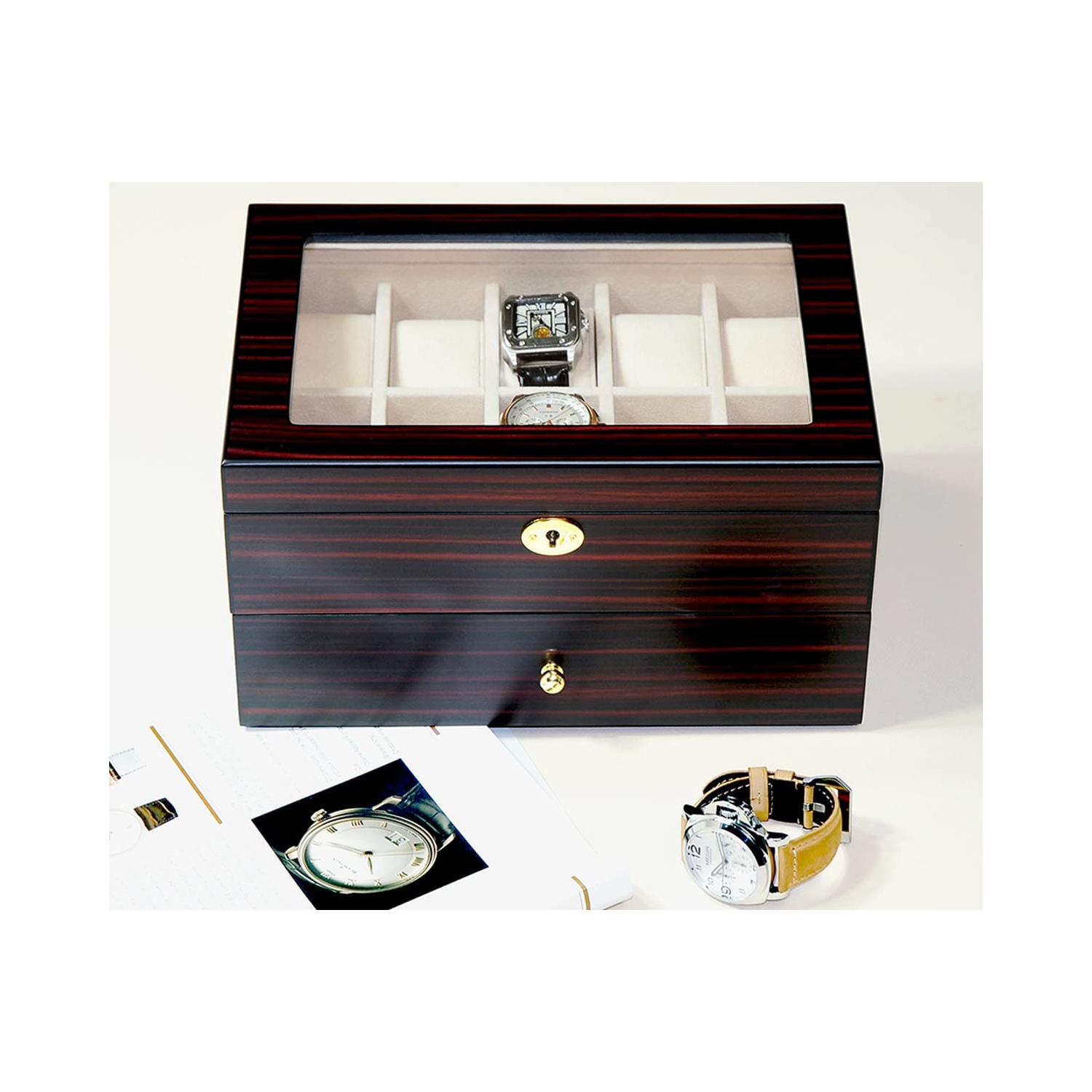 20 Slots Wooden Watch Display Case Glass Top Jewelry Collection Storage Box Organizer for Men/Women