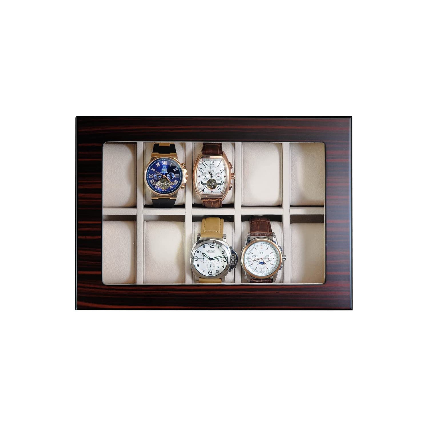 20 Slots Wooden Watch Display Case Glass Top Jewelry Collection Storage Box Organizer for Men/Women