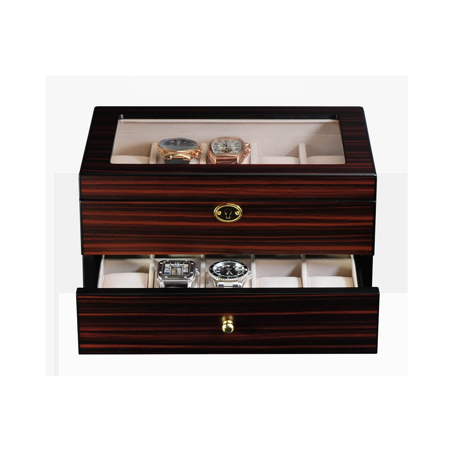 20 Slots Wooden Watch Display Case Glass Top Jewelry Collection Storage Box Organizer for Men/Women
